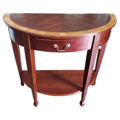 Vintage Chippendale Cherry Satinwood Banded Demilune Console Table