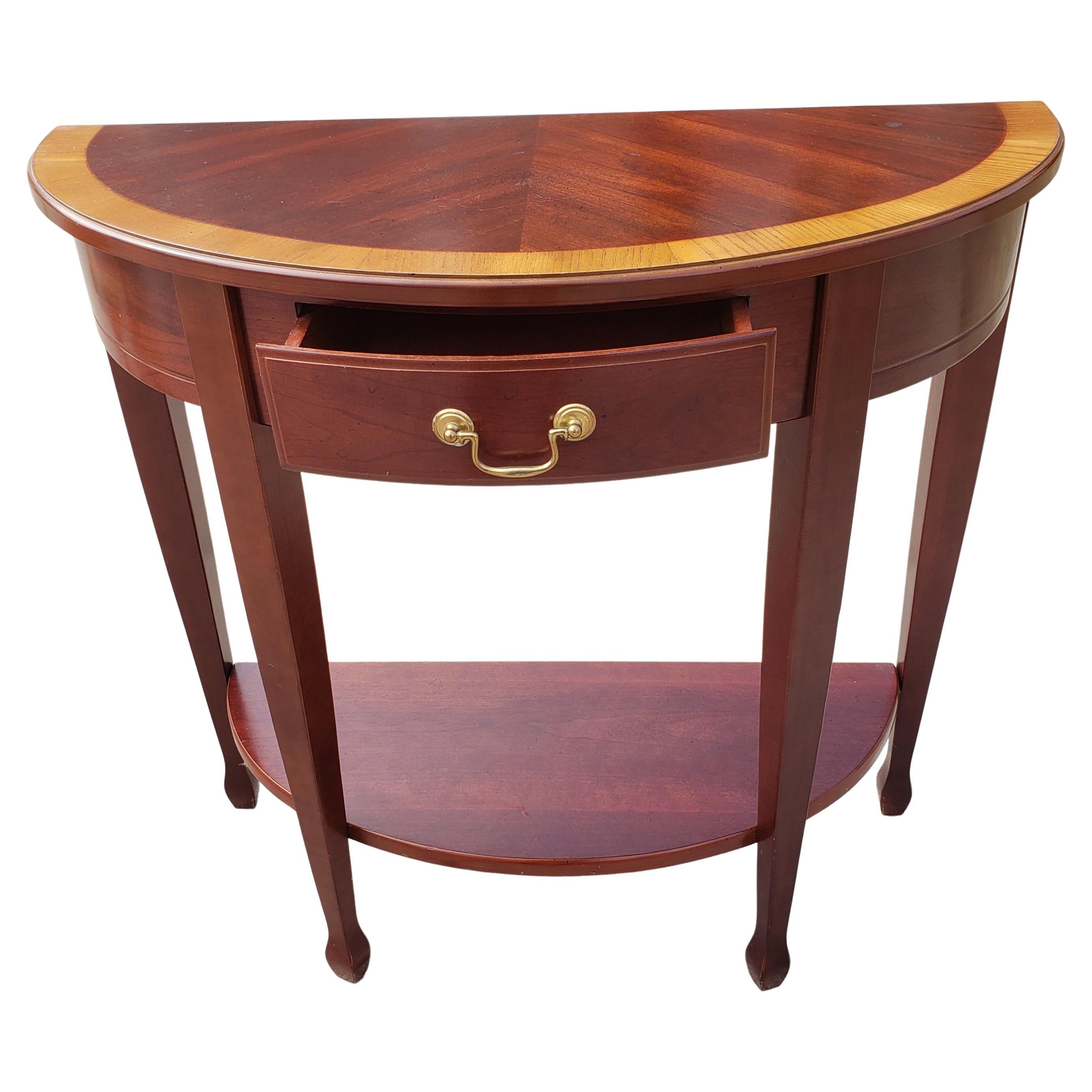 Vintage Chippendale Cherry Satinwood Banded Demilune Console Table In Good Condition In Germantown, MD