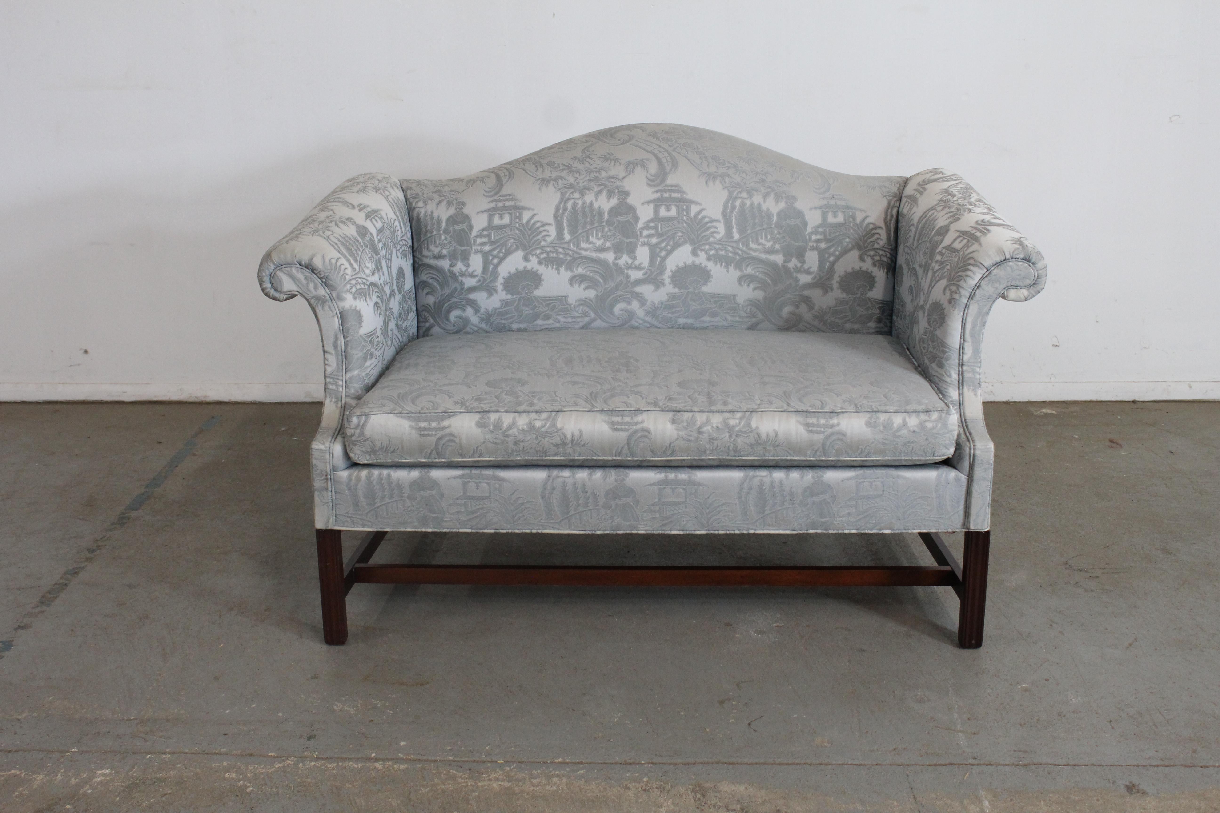 Vintage Chippendale Chinese Camelback Love Seat/Sofa by Hickory Chair Co

Offered is a beautiful  Chippendale Reproduction Camelback Sofa by Hickory Chair Co. The sofa has a great look with nice lines, design, and look.  The sofa features straight