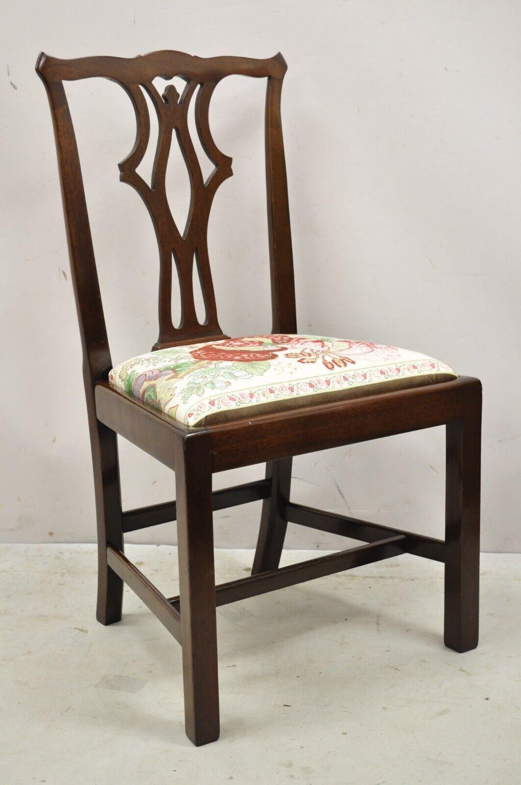 Vintage Chippendale Georgian style solid mahogany dining side chairs - set of 4. Item features (4) Side chairs, solid wood construction, beautiful wood grain, very nice vintage set, quality American craftsmanship, great style and form. Circa Mid