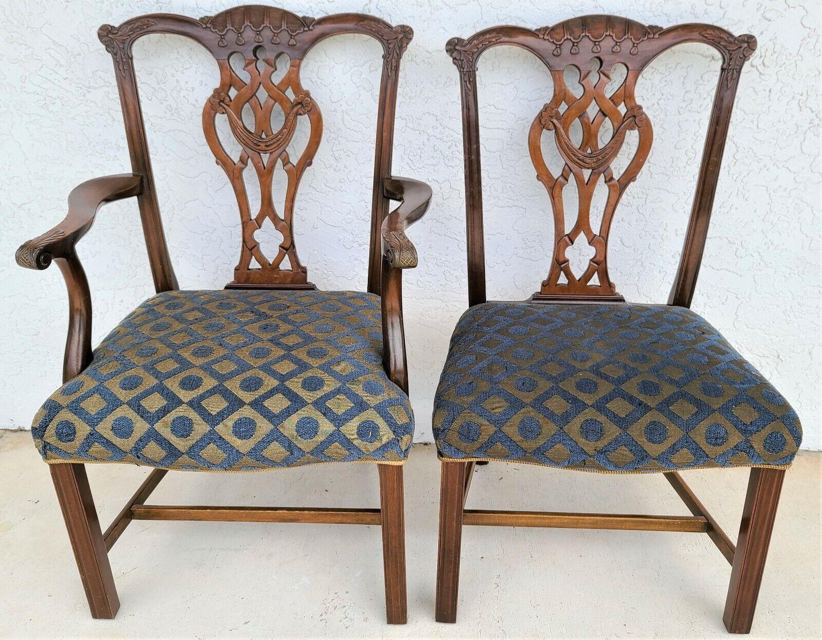 20th Century Vintage Chippendale Mahogany Dining Chairs Carved Tassels & Drapery, Set 6 For Sale