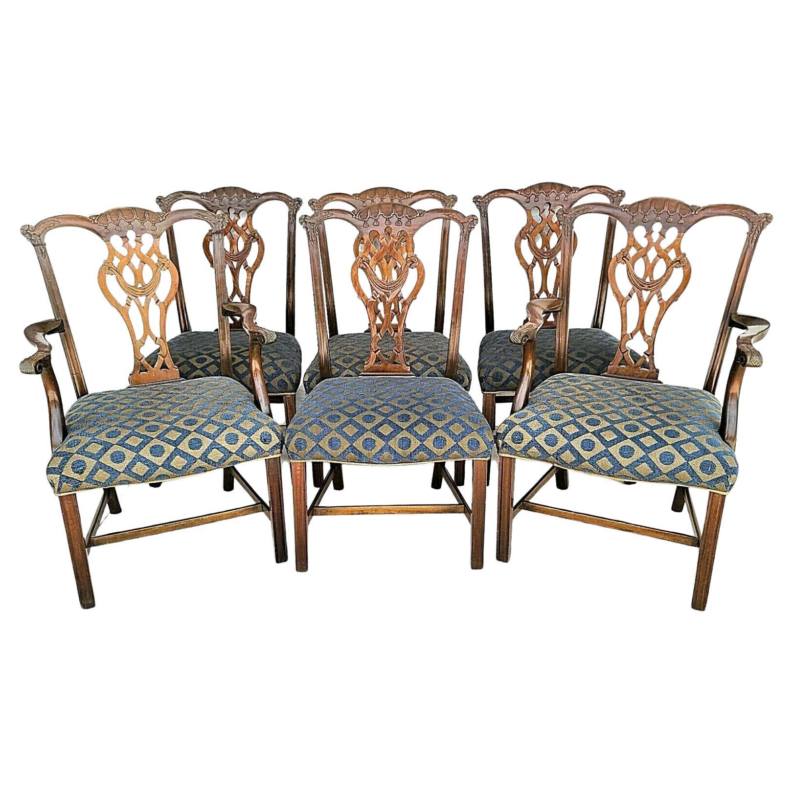 Vintage Chippendale Mahogany Dining Chairs Carved Tassels & Drapery, Set 6 For Sale