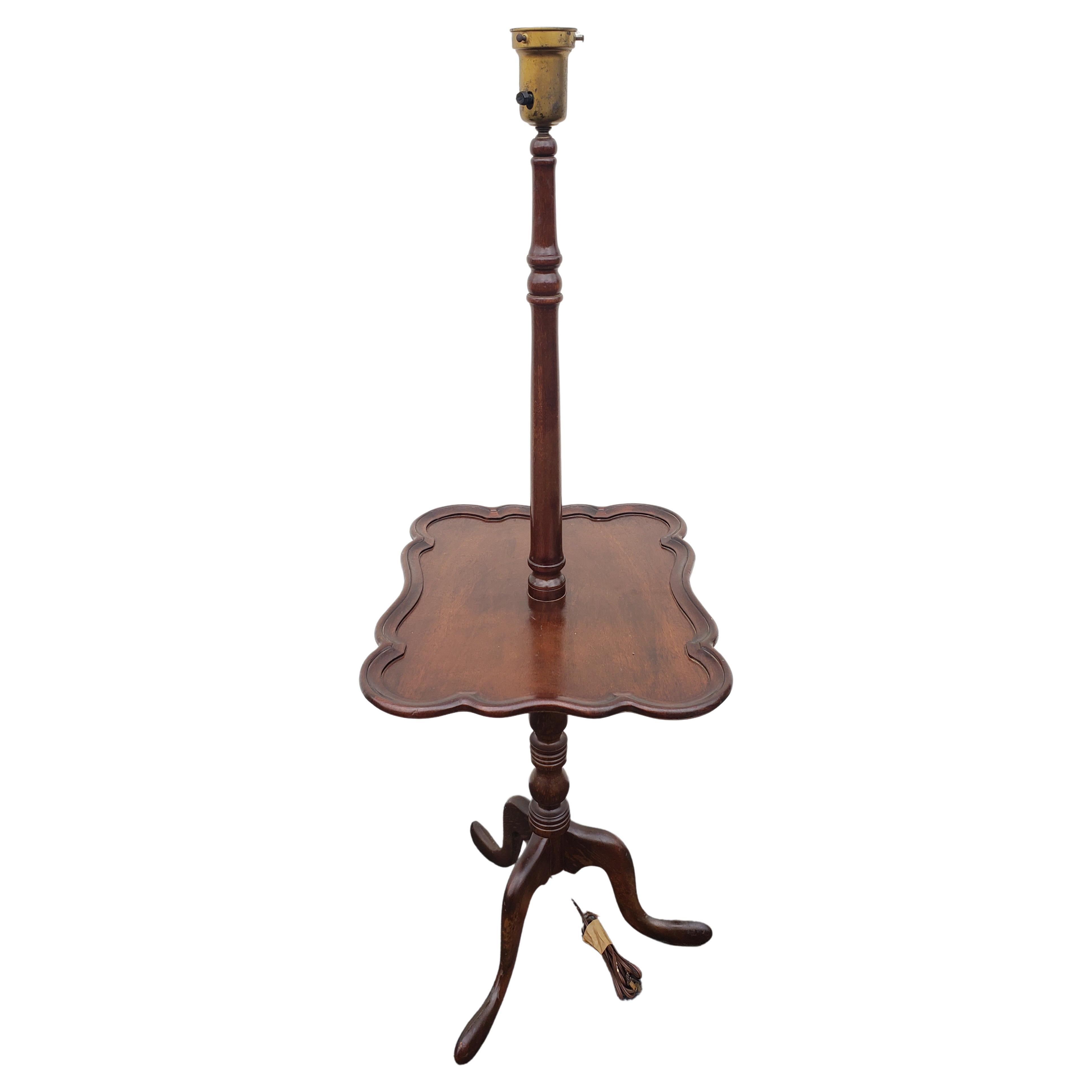 Metal Vintage Chippendale Mahogany Torchiere Floor Lamp Table, Circa 1940s