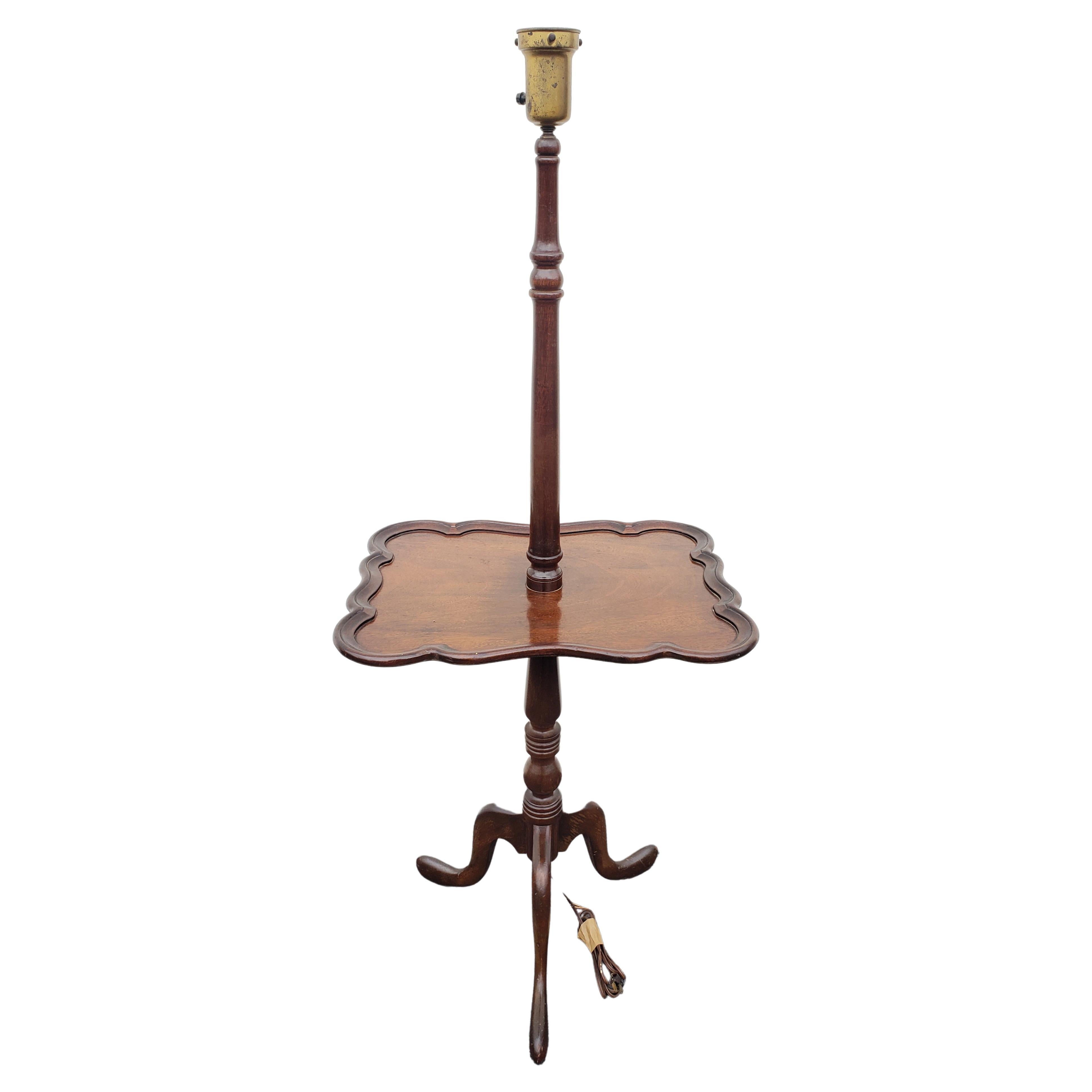 Vintage Chippendale Mahogany Torchiere Floor Lamp Table, Circa 1940s