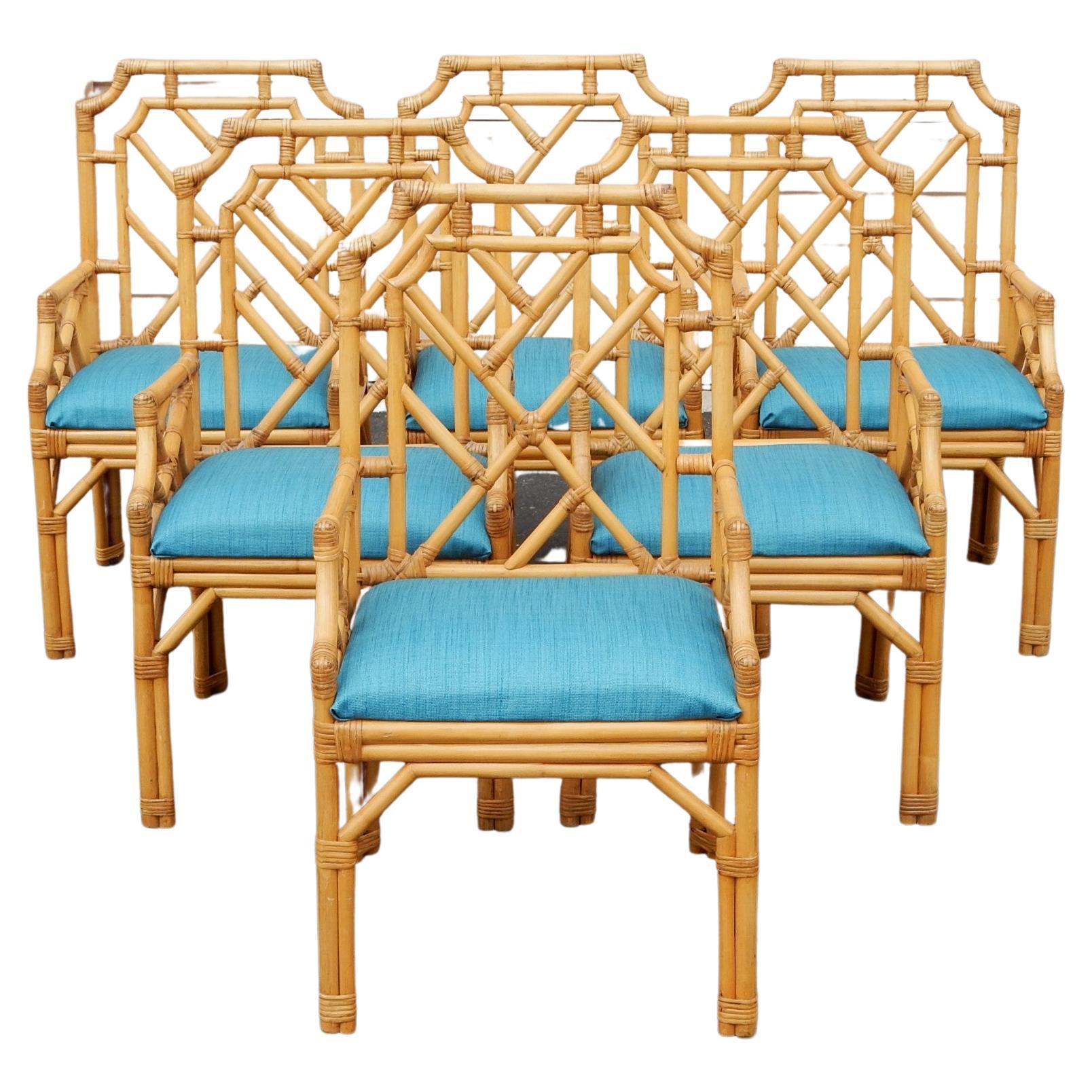 Vintage Chippendale Pagoda Cane Rattan Arm Chairs, set of 6 4