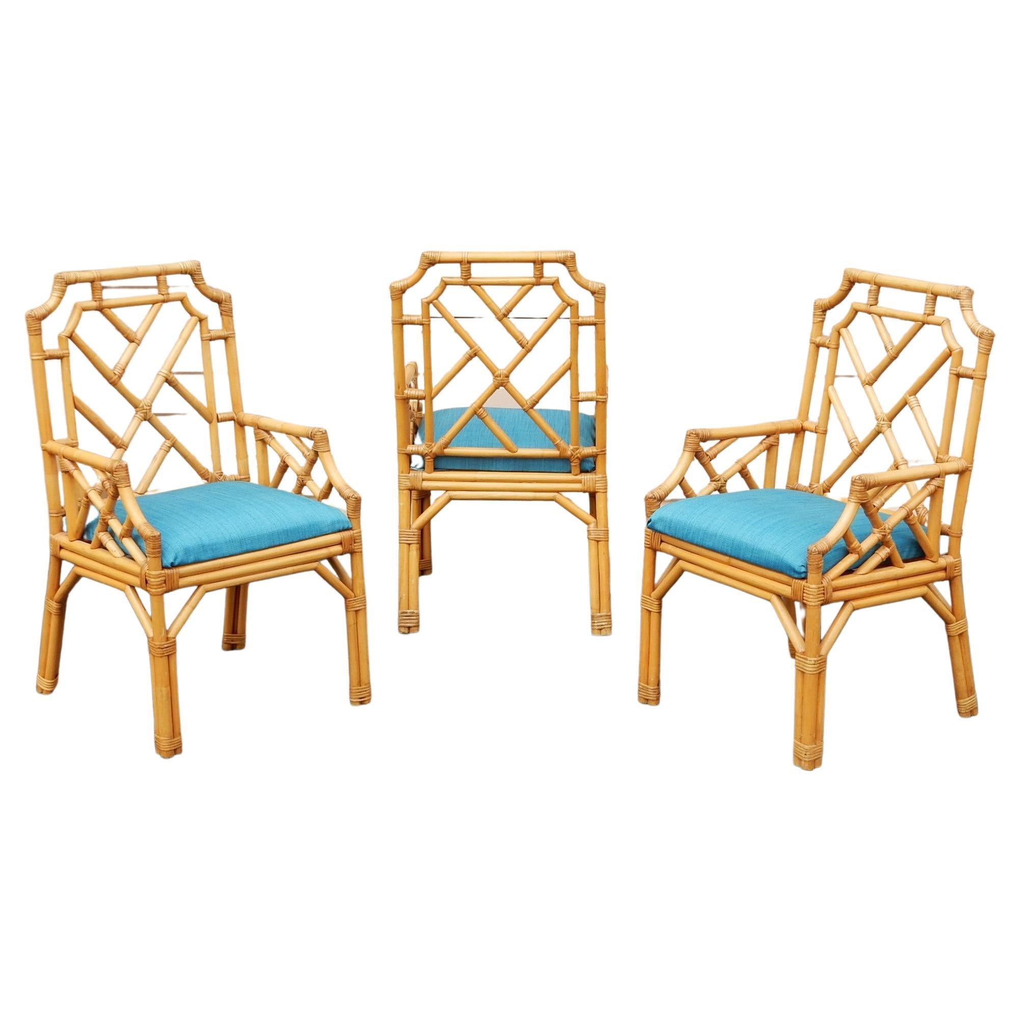 Mid-Century Modern Vintage Chippendale Pagoda Cane Rattan Arm Chairs, set of 6