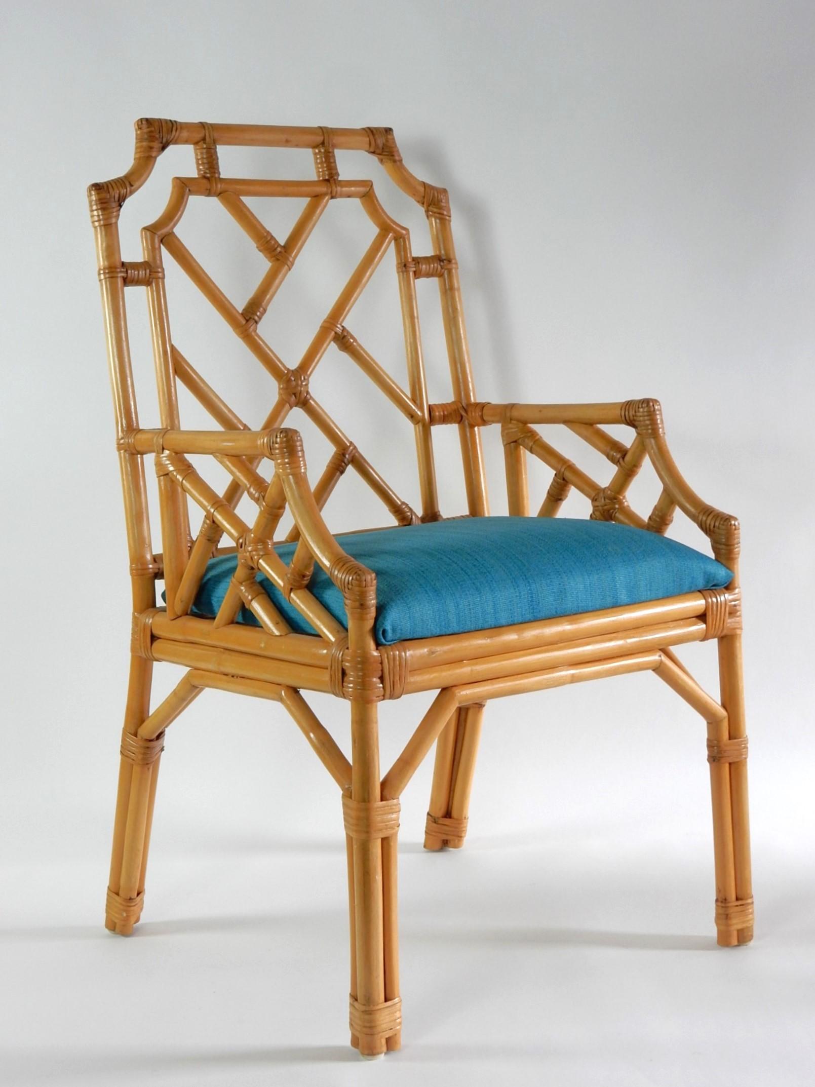 French Vintage Chippendale Pagoda Cane Rattan Arm Chairs, set of 6