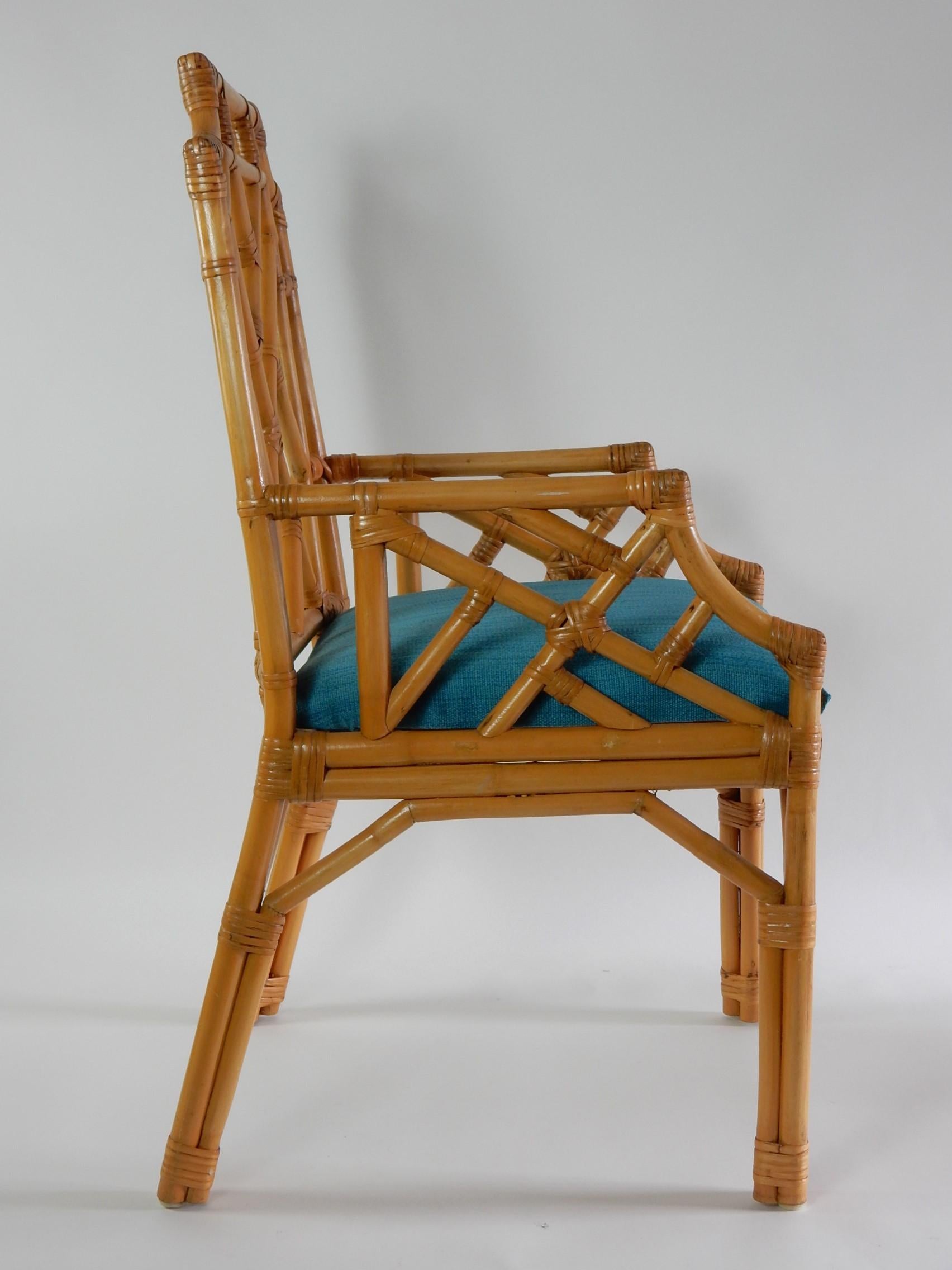 20th Century Vintage Chippendale Pagoda Cane Rattan Arm Chairs, set of 6