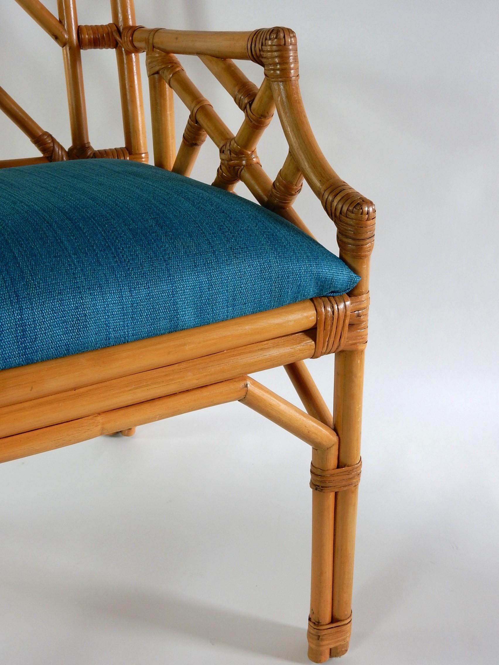Upholstery Vintage Chippendale Pagoda Cane Rattan Arm Chairs, set of 6
