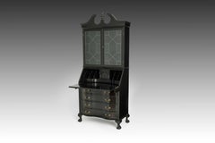 Vintage Chippendale Revival Secretary, Glazed Bookcase Top, Refinished Black