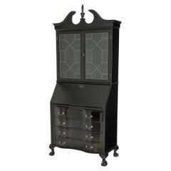 Vintage Chippendale Revival Secretary, Glazed Bookcase Top, Refinished Black