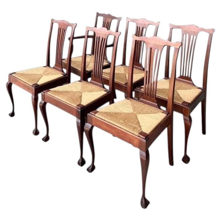 Chaises de salle à manger vintage Chippendale à siège en jonc - Lot de 6 en vente