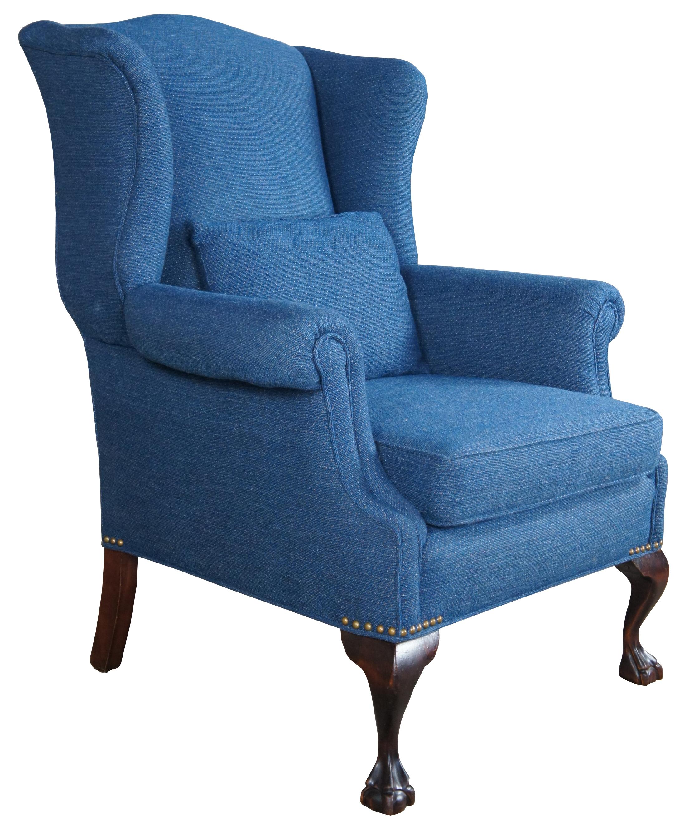 Vintage Chippendale Style Blue Upholstered Mahogany Wingback Library Arm Chair In Good Condition In Dayton, OH