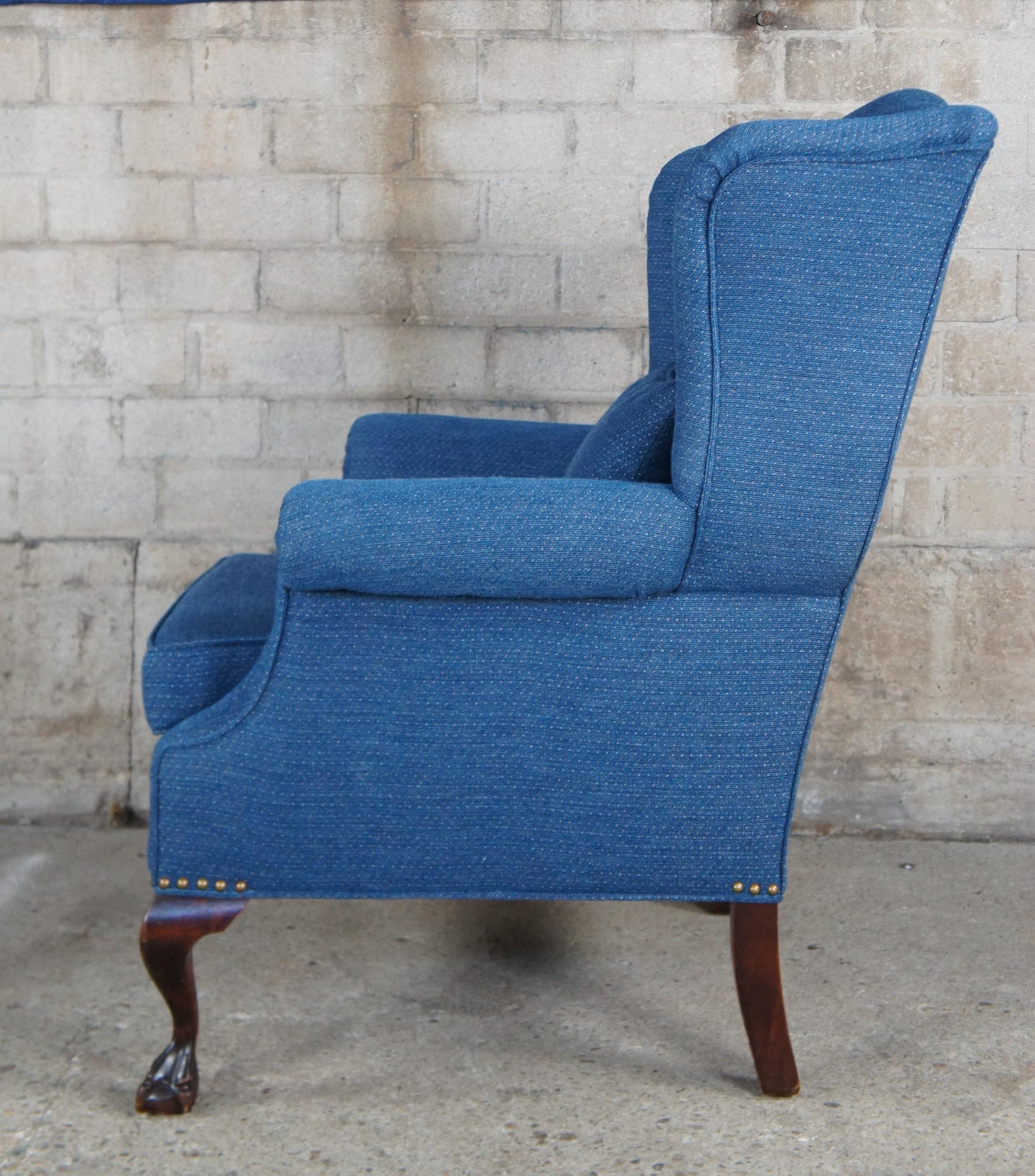 20th Century Vintage Chippendale Style Blue Upholstered Mahogany Wingback Library Arm Chair