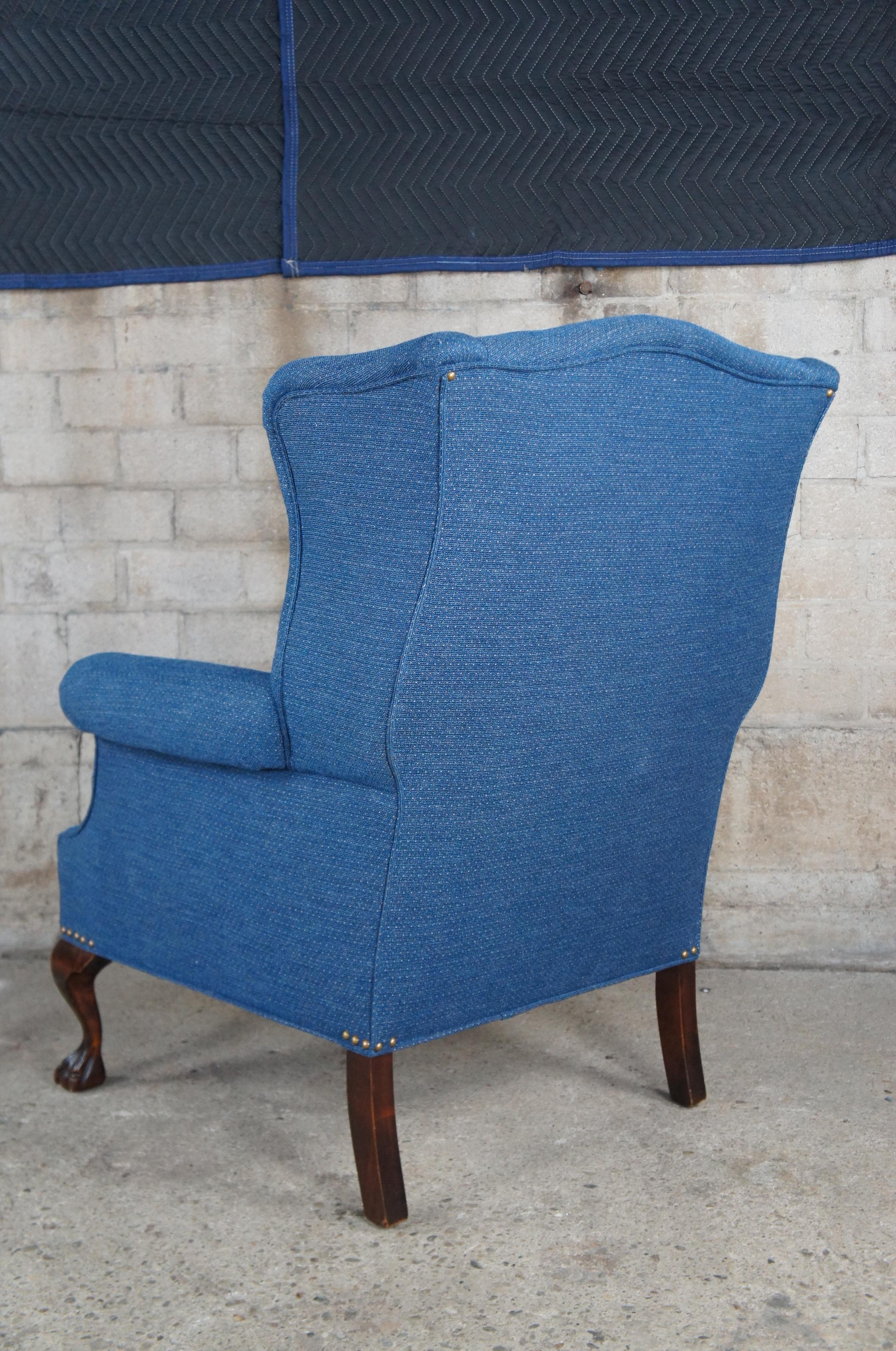 Upholstery Vintage Chippendale Style Blue Upholstered Mahogany Wingback Library Arm Chair
