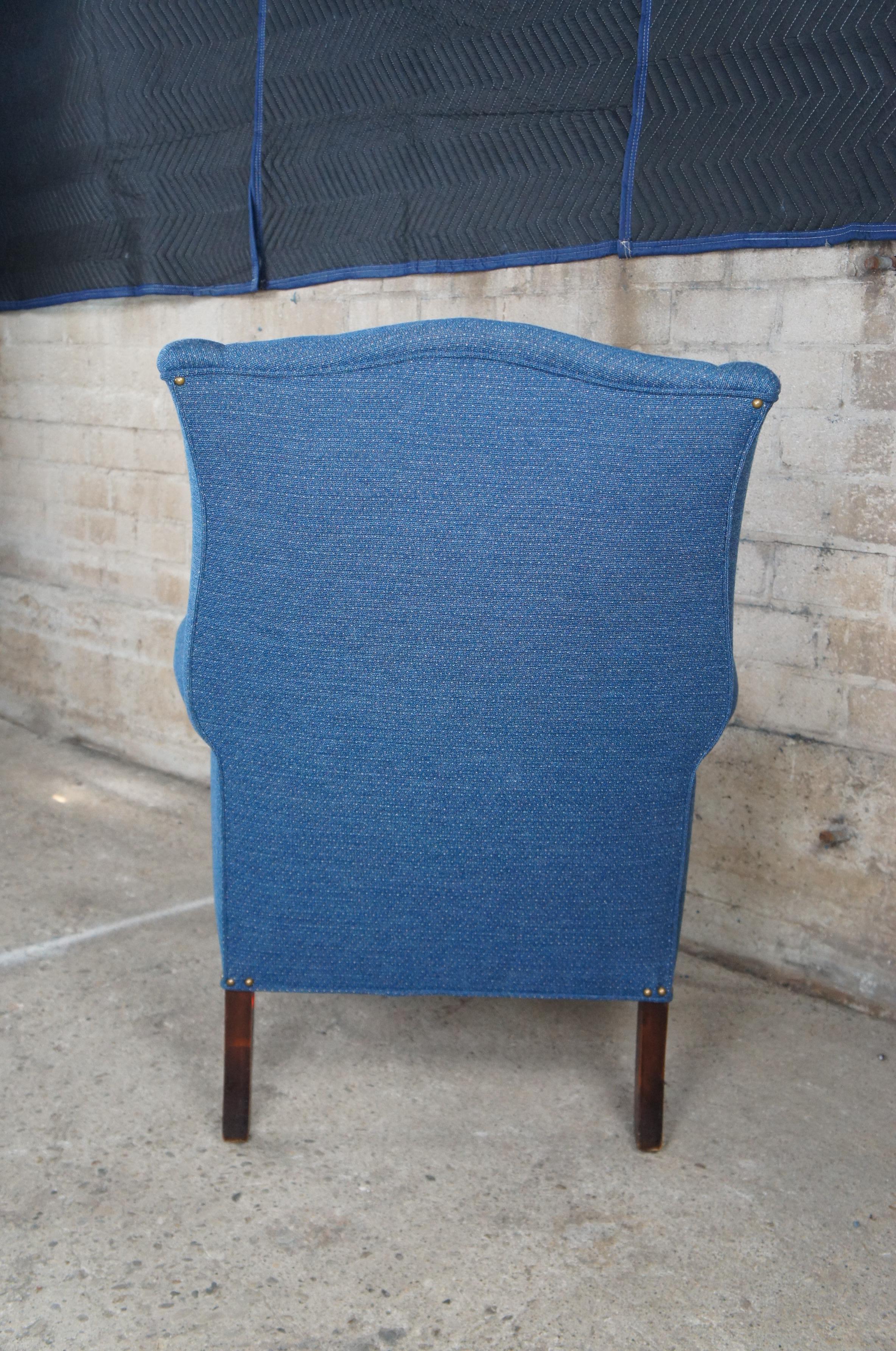 Vintage Chippendale Style Blue Upholstered Mahogany Wingback Library Arm Chair 1