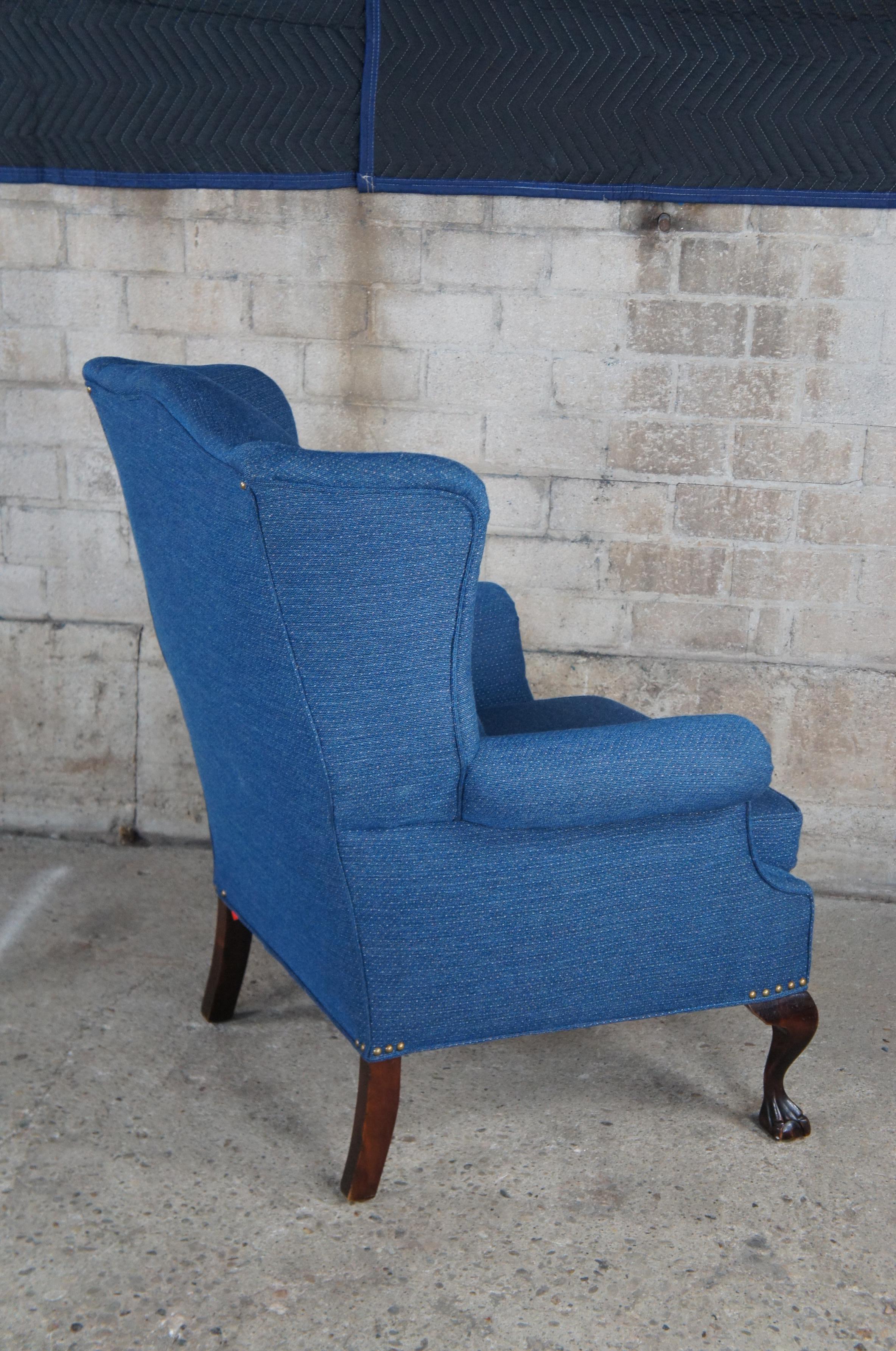 Vintage Chippendale Style Blue Upholstered Mahogany Wingback Library Arm Chair 2