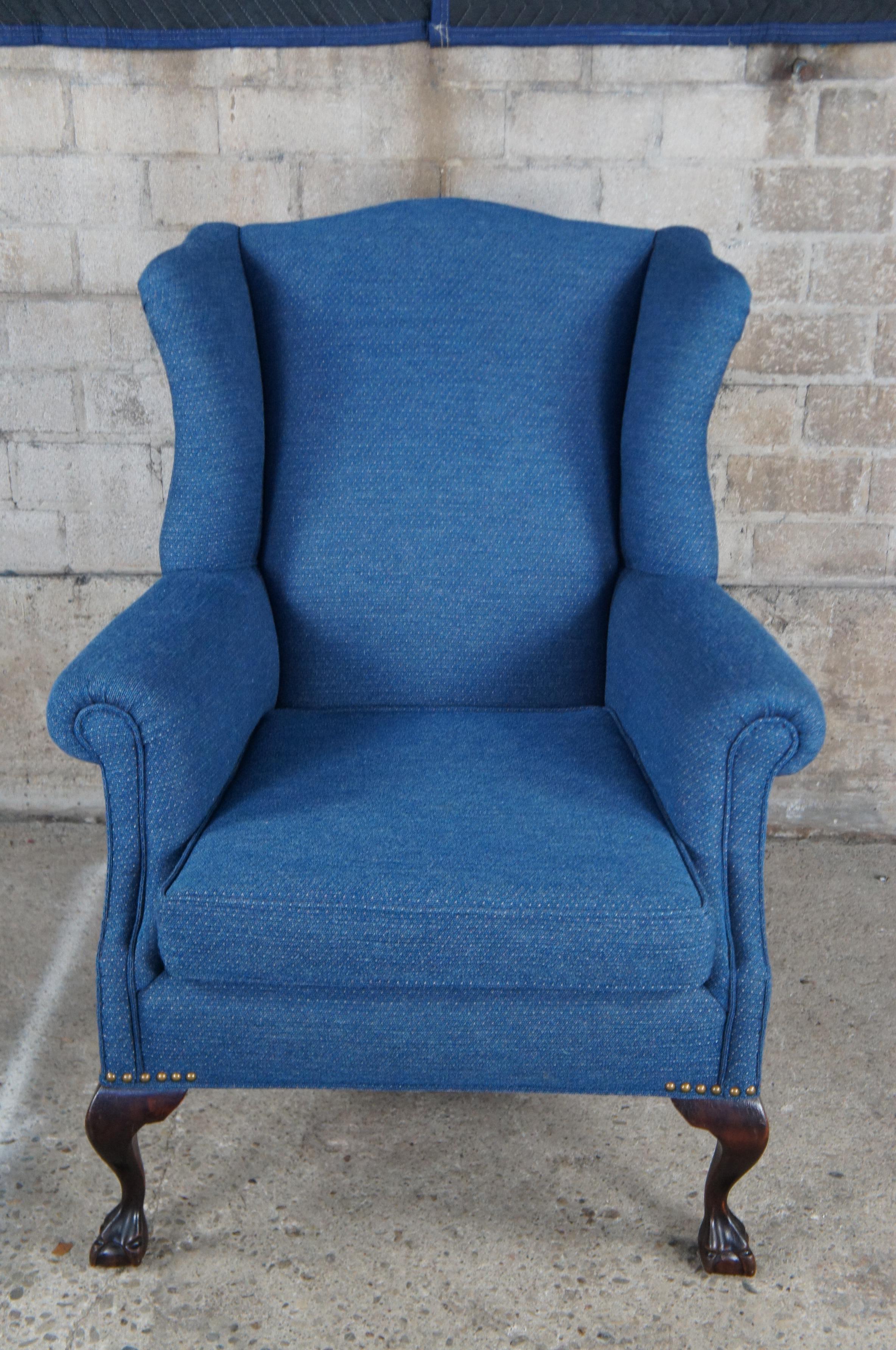 Vintage Chippendale Style Blue Upholstered Mahogany Wingback Library Arm Chair 3
