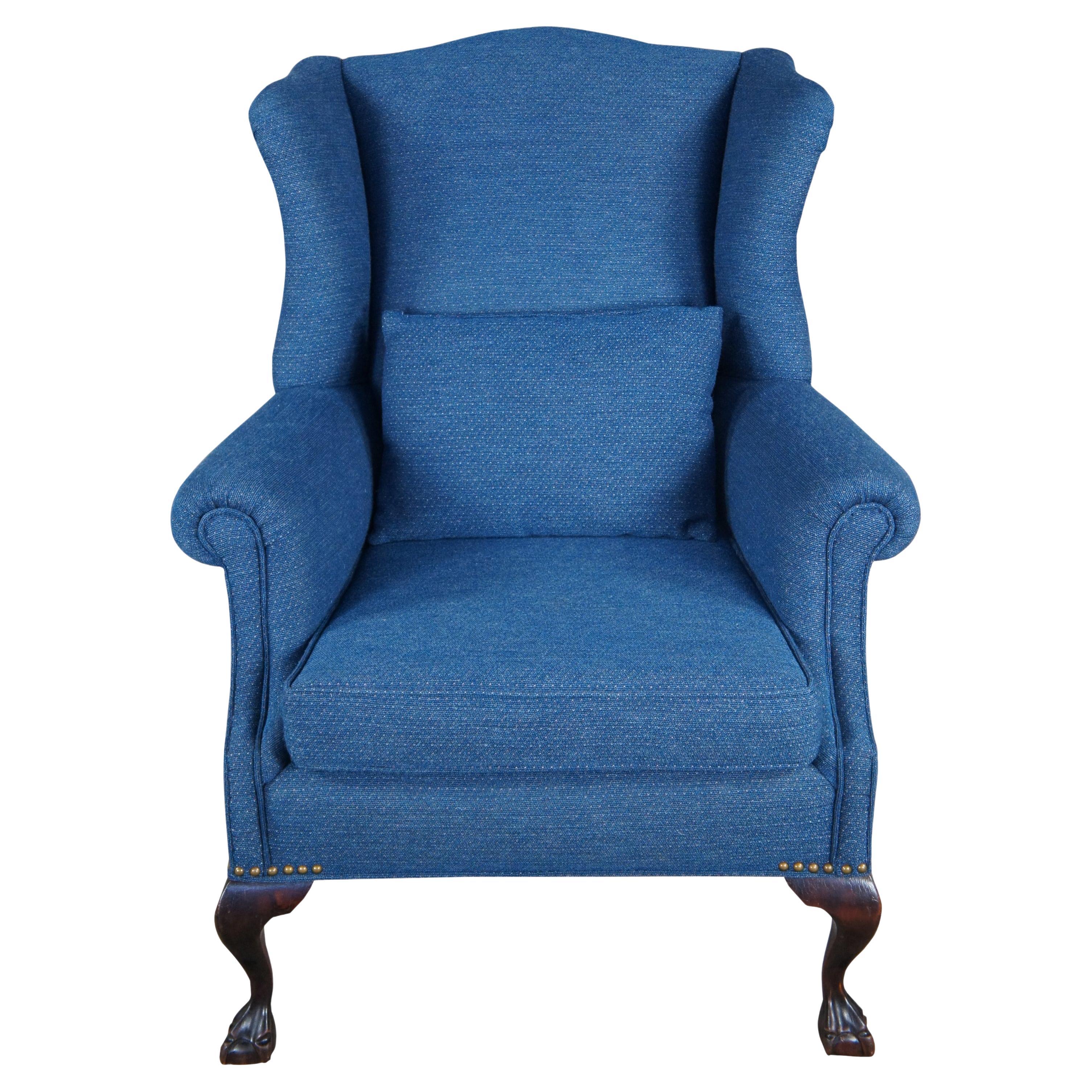 Vintage Chippendale Style Blue Upholstered Mahogany Wingback Library Arm Chair