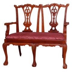 Vintage Chippendale Style Carved Mahogany Ribbon Back Settee, 20th Century