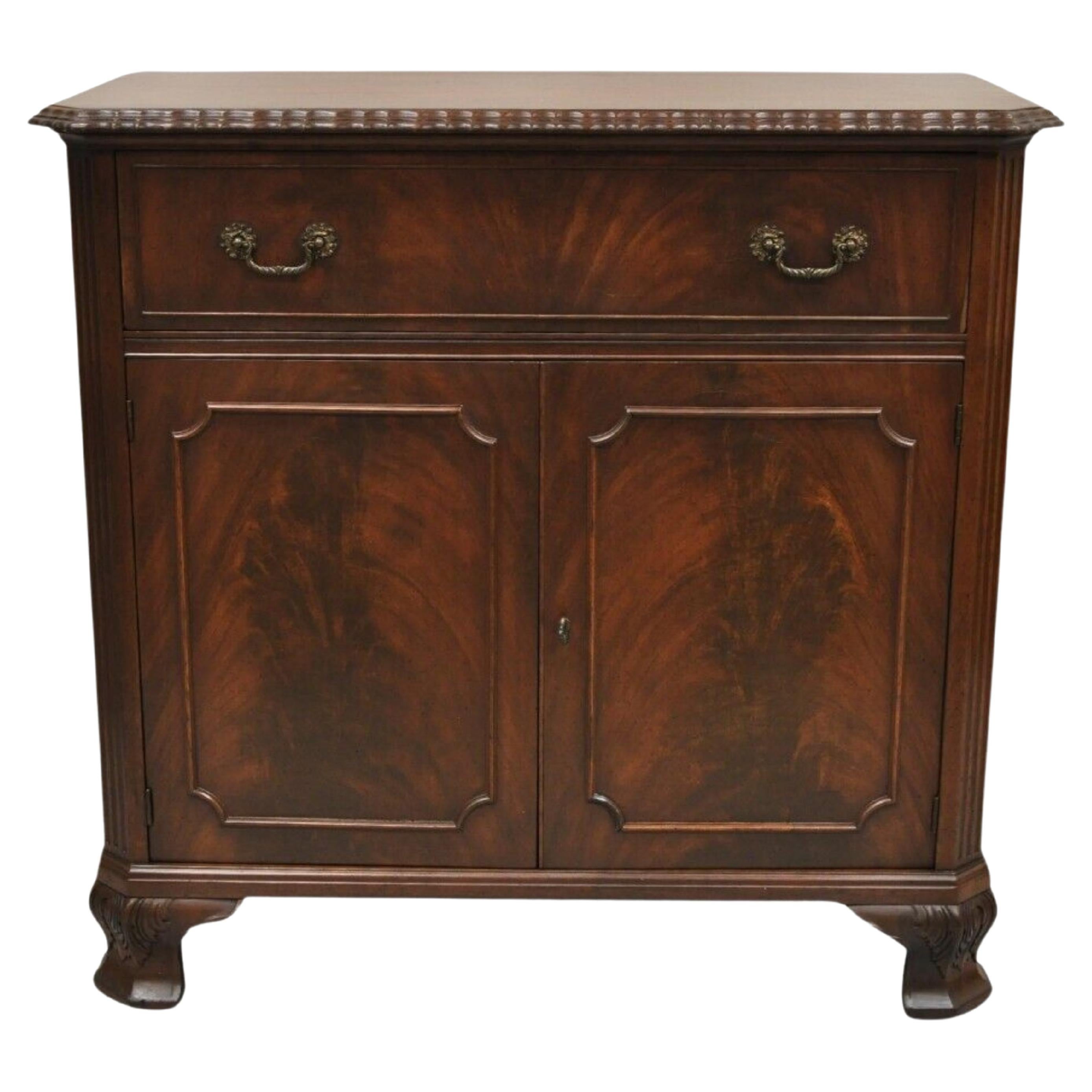 Vintage Chippendale Style Carved Mahogany Server Buffet with Bar Interior For Sale