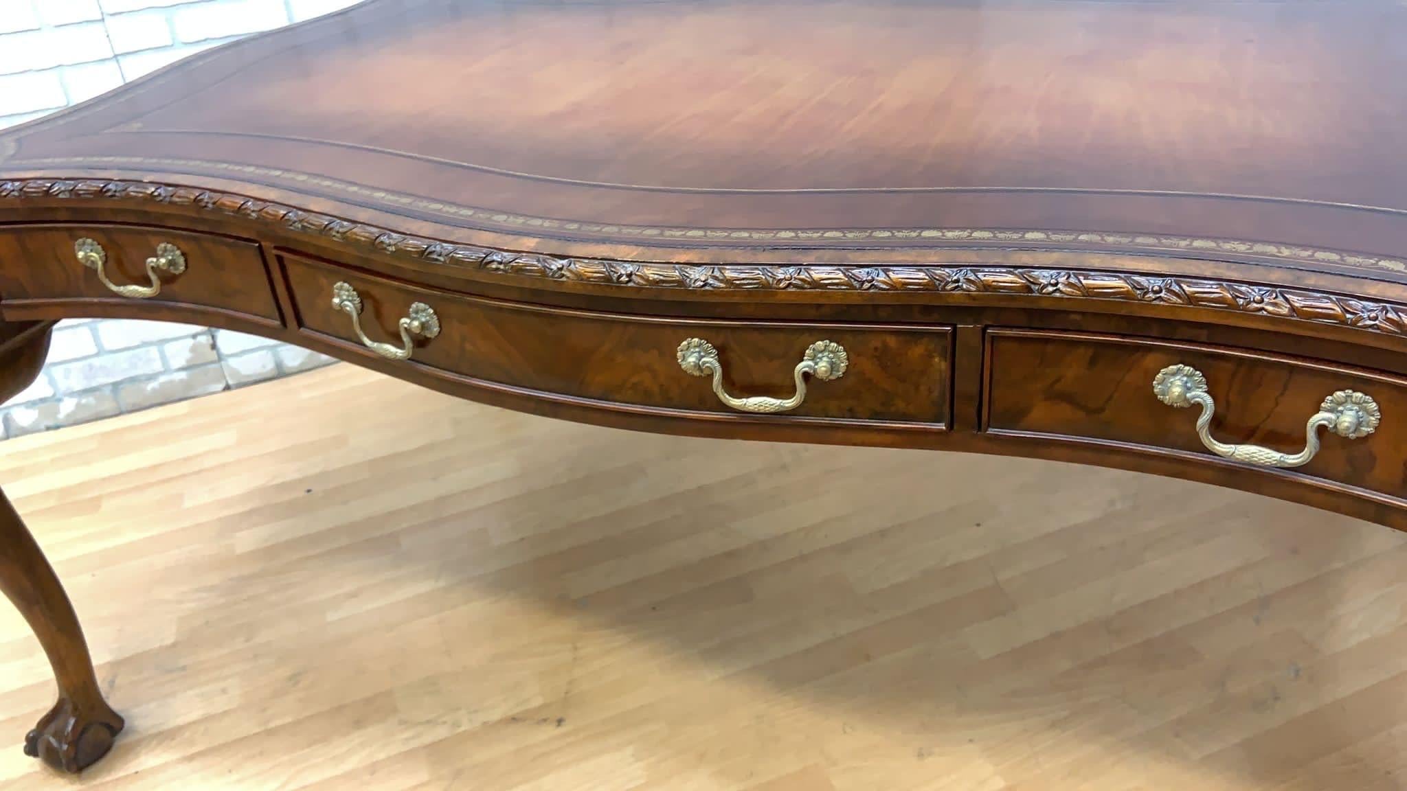 Vintage Chippendale Style Carved Walnut Executive Writing Desk by Maitland Smith In Good Condition For Sale In Chicago, IL