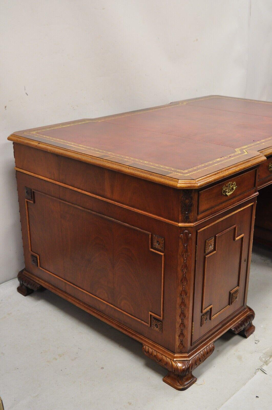 Vintage Chippendale Style Double Sided Leather Top Executive Partners Desk For Sale 4