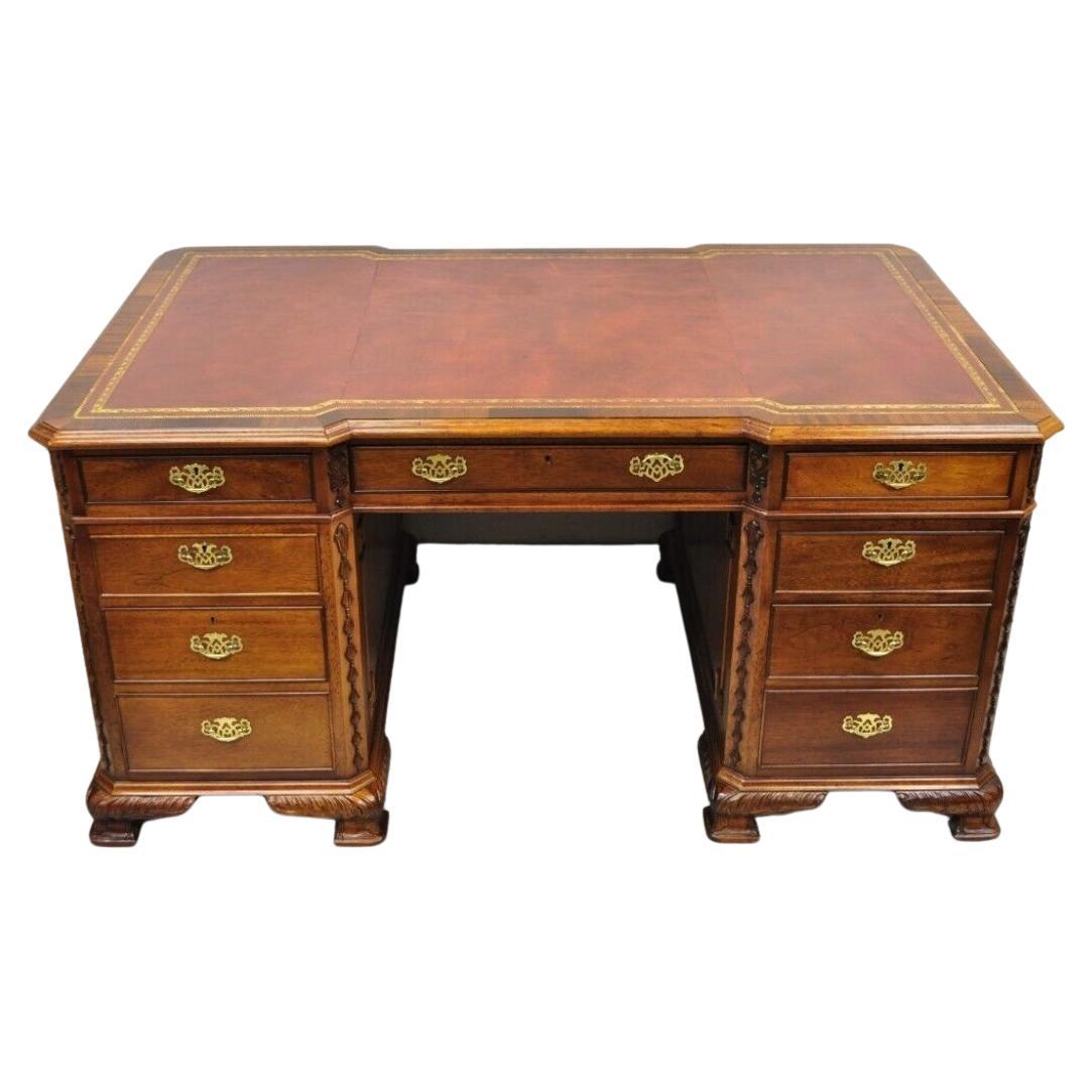 Vintage Chippendale Style Double Sided Leather Top Executive Partners Desk For Sale