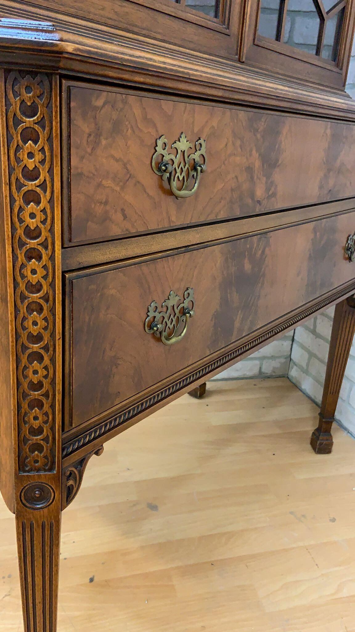 Metal Vintage Chippendale Style Flame Mahogany Display Cabinet/Bookcase For Sale