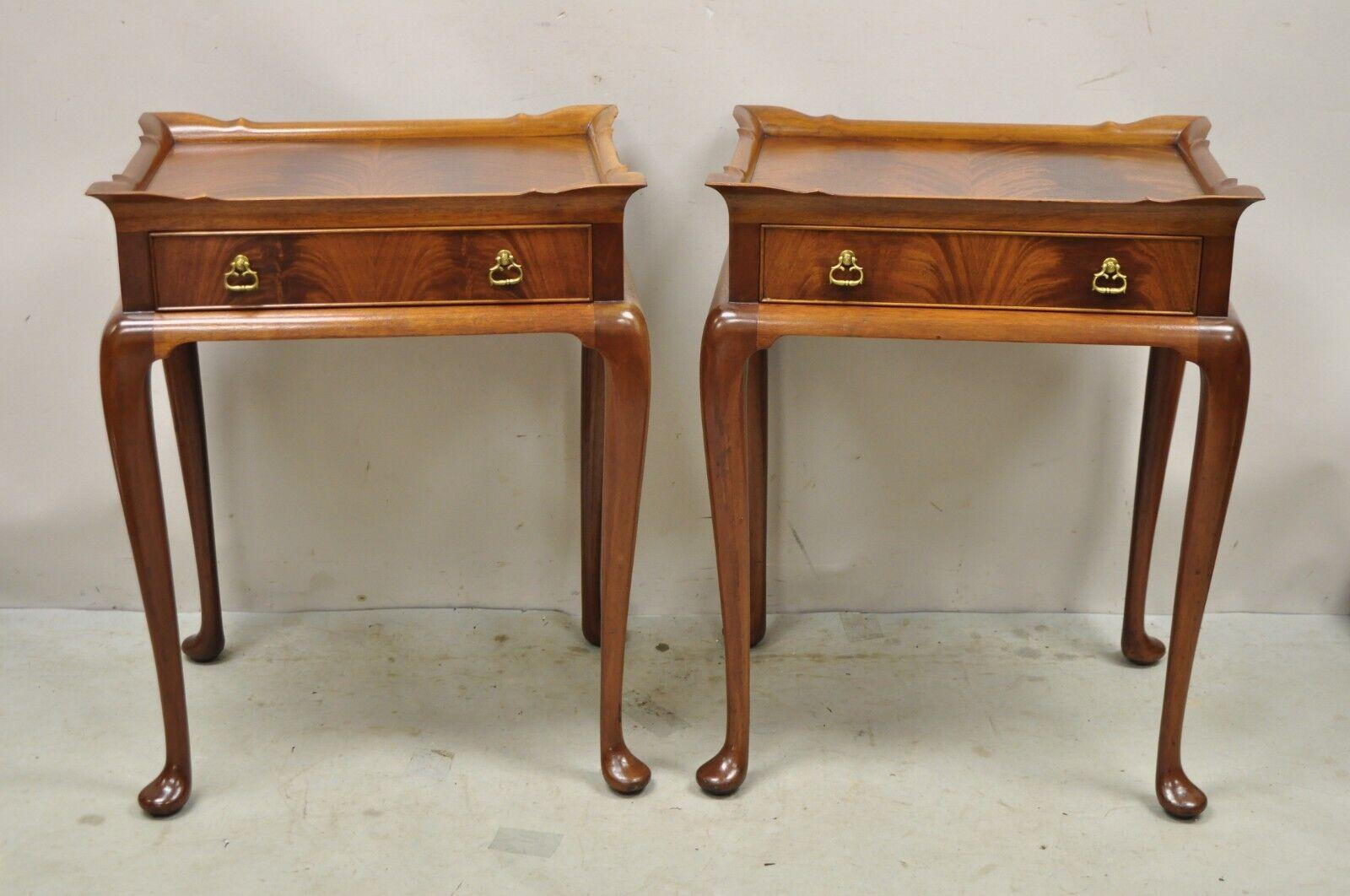 Vintage Chippendale Style Flame Mahogany One Drawer Nightstands - a Pair. Item features a carved raised galley, beautiful flame mahogany grain, finished back, 1 dovetailed drawer, shapely Queen Anne legs, very nice vintage pair. Circa Early to Mid