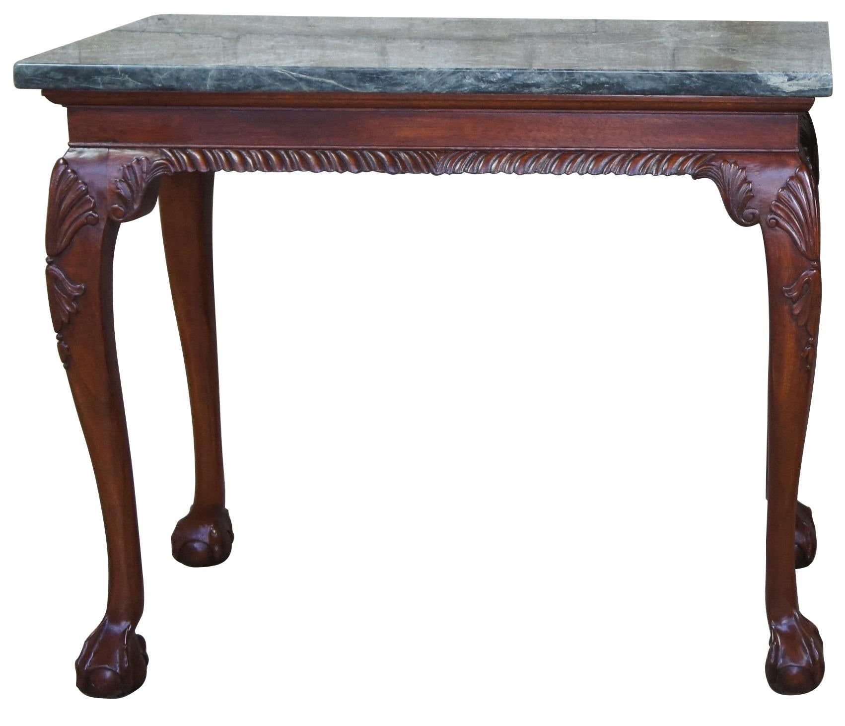 Vintage Chippendale Style Mahogany Carved Marble Hall Console Tables Ball Claw In Good Condition In Dayton, OH