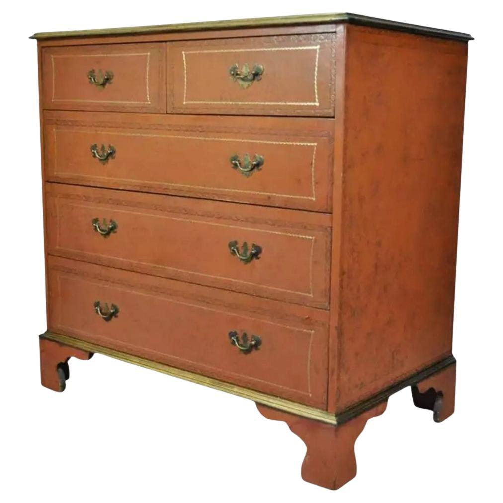 Cómoda cómoda de cuero naranja con herramientas estilo Chippendale vintage Cómoda con cajones
