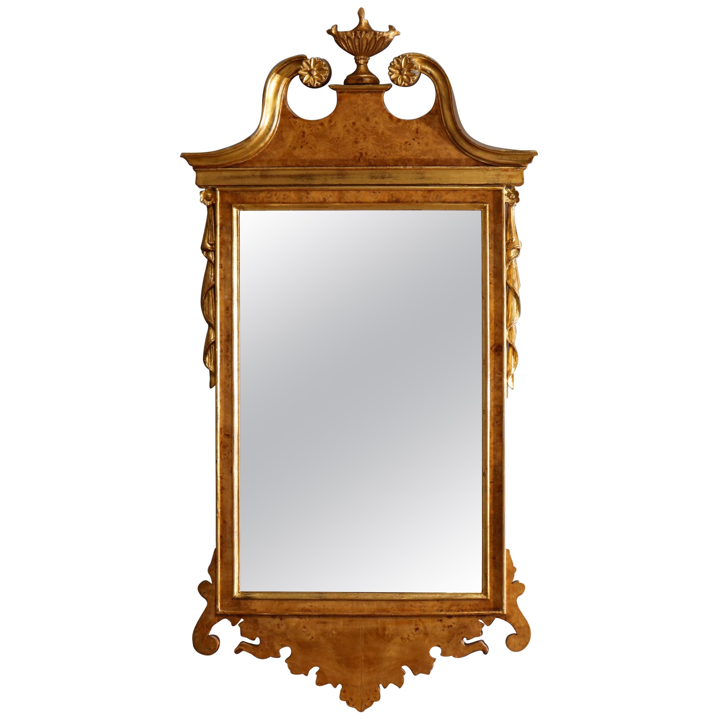 Vintage Chippendale Style Parcel-Gilt and Burl Walnut Wall Mirror, 20th Century