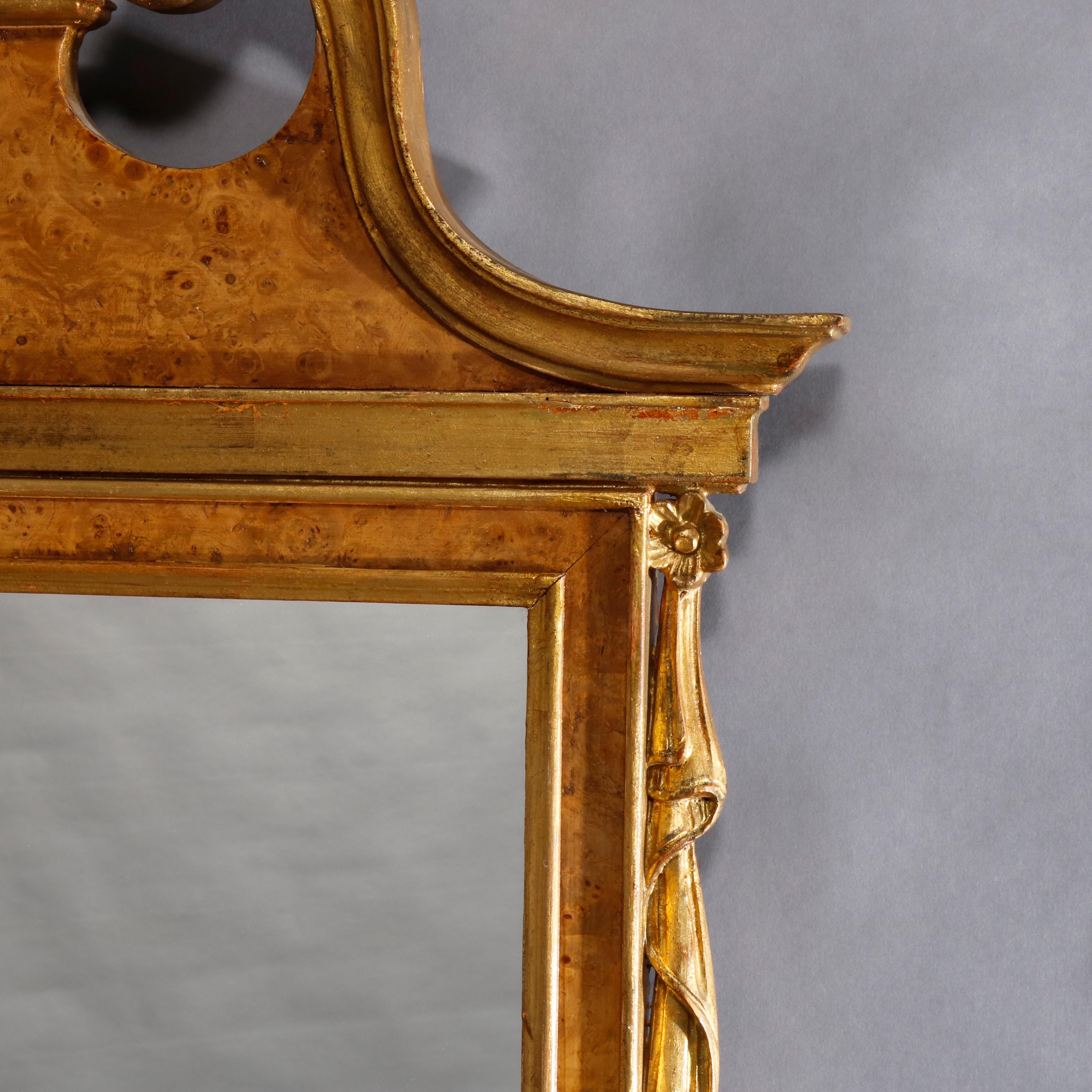 American Vintage Chippendale Style Parcel-Gilt and Burl Walnut Wall Mirror, 20th Century