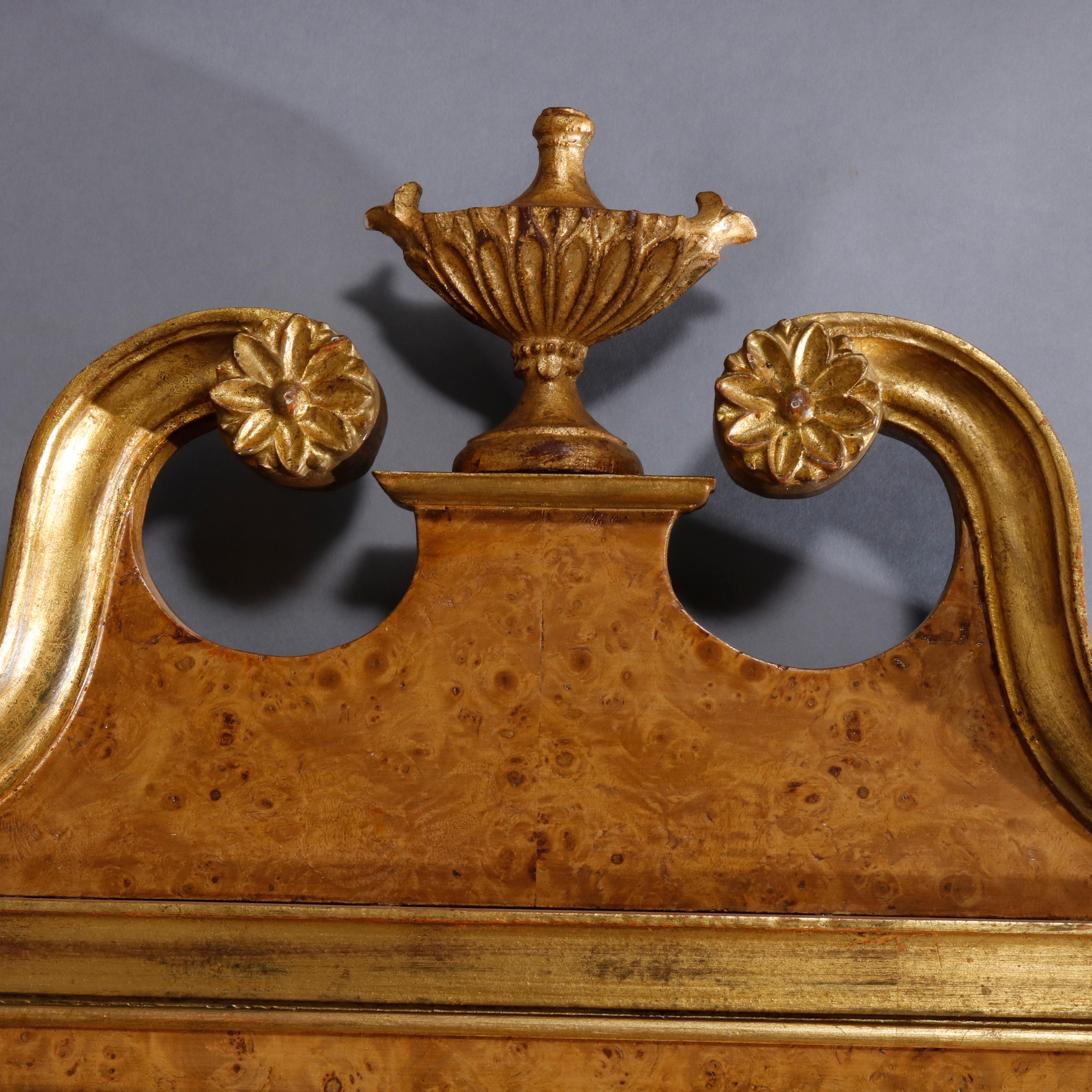 Carved Vintage Chippendale Style Parcel-Gilt and Burl Walnut Wall Mirror, 20th Century