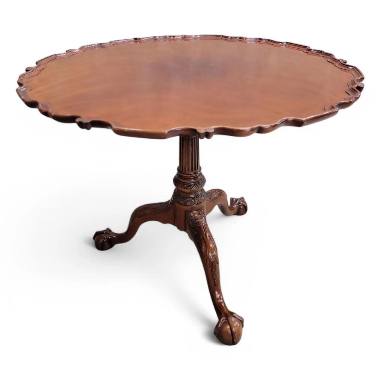 Vintage Kindel Furniture Co. Chippendale Style Mahogany Pie Crust Tilt Top Table

Gorgeous Tilt-Top Carved Flame Mahogany Claw & Ball Tri-Foot Pie-Crust Table by Kindel Furniture.

A magnificent reproduction of a Philadelphia Rococo tea table, circa