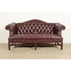 Vintage Chippendale Tufted Oxblood Leather Camelback Chesterfield Sofa