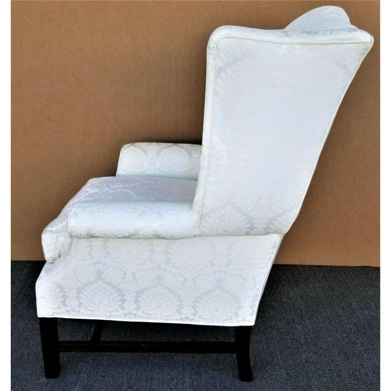 Offering one of our recent palm beach estate fine furniture acquisitions of a vintage chippendale wingback white brocade satin cotton and down armchair

Featuring arm covers and a soft, squishy down seat cushion.

Approximate measurements in