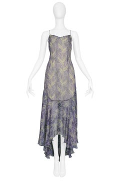 Vintage Chloe Blue & Green Feather Print Dress 1999