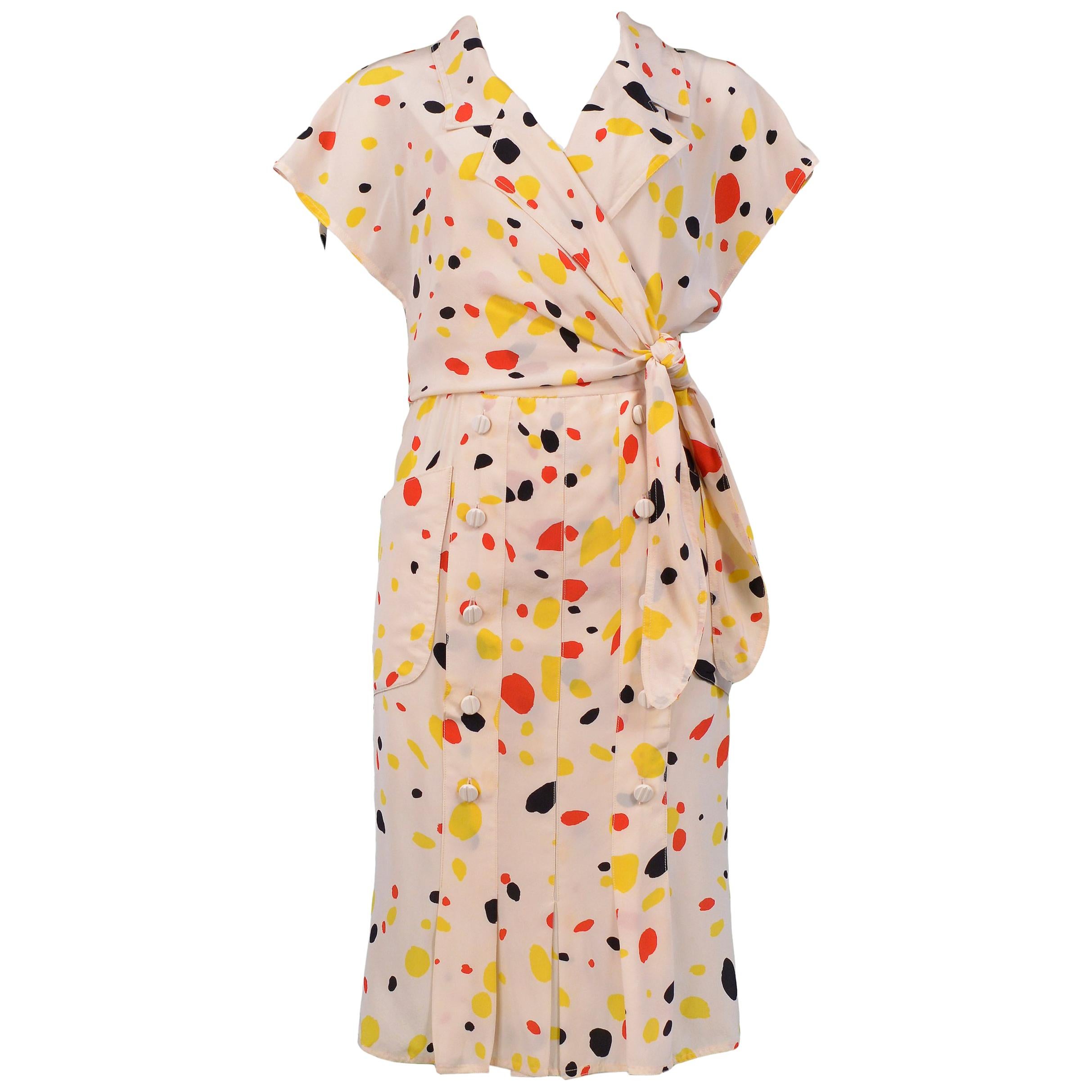Vintage Chloe Cream Silk Abstract Polka Dot Dress