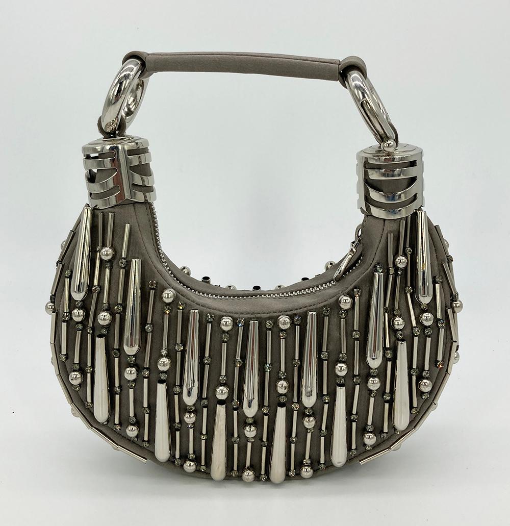 Vintage Chloe Gray Satin Beaded Bracelet Bag in excellent condition. Gray satin with silver metal beads and clear rhinestones throughout. silver hardware. top zip closure opens to matching gray silk interior with one side slit pocket. no stains