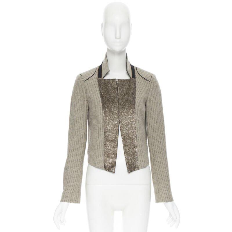 Gray vintage CHLOE grey wool herringbone sequins collar cropped military jacket Fr34