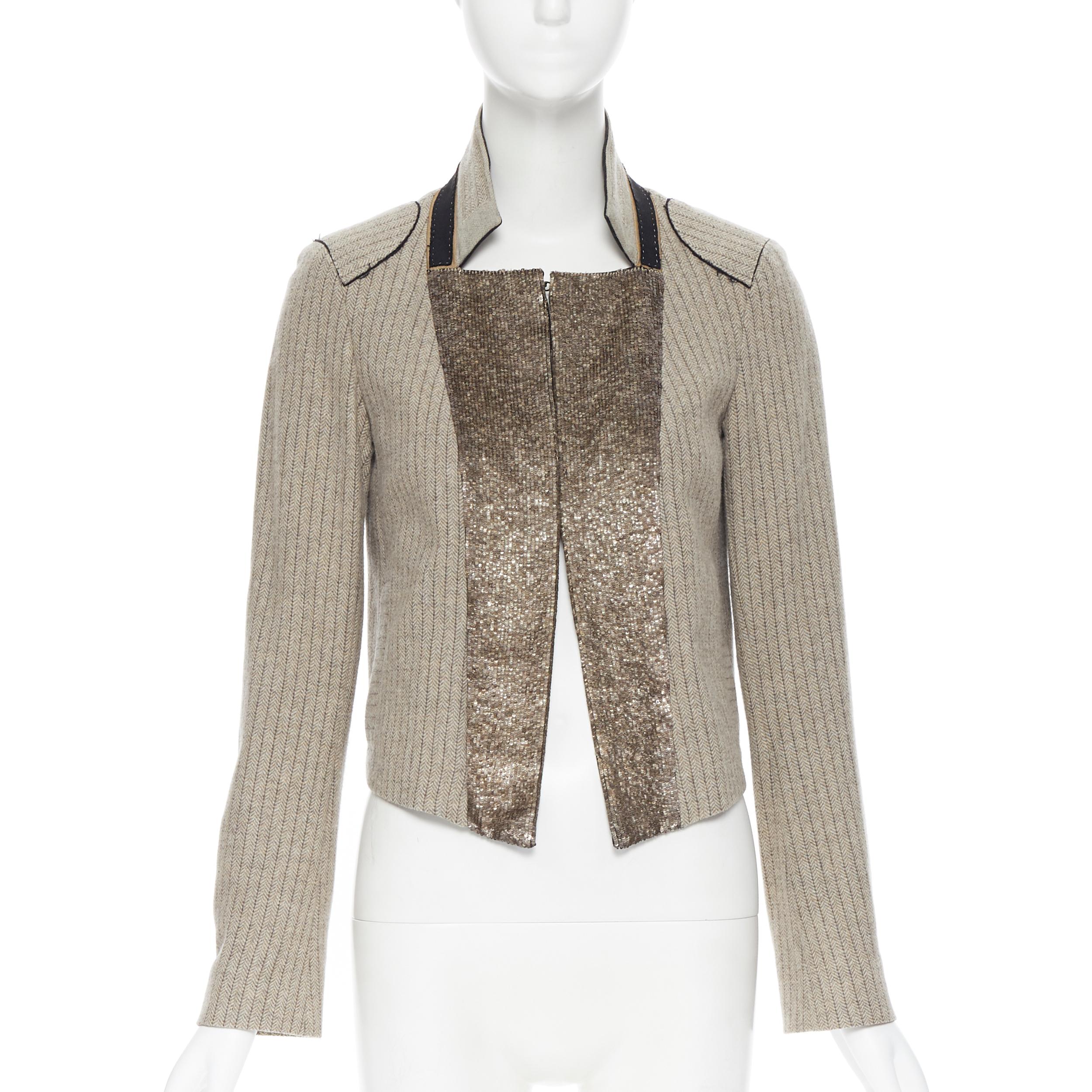 Brown vintage CHLOE grey wool herringbone sequins collar cropped military jacket Fr34