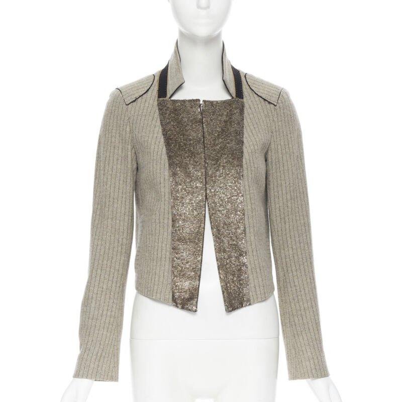 vintage CHLOE grey wool herringbone sequins collar cropped military jacket Fr34 In Good Condition In Hong Kong, NT