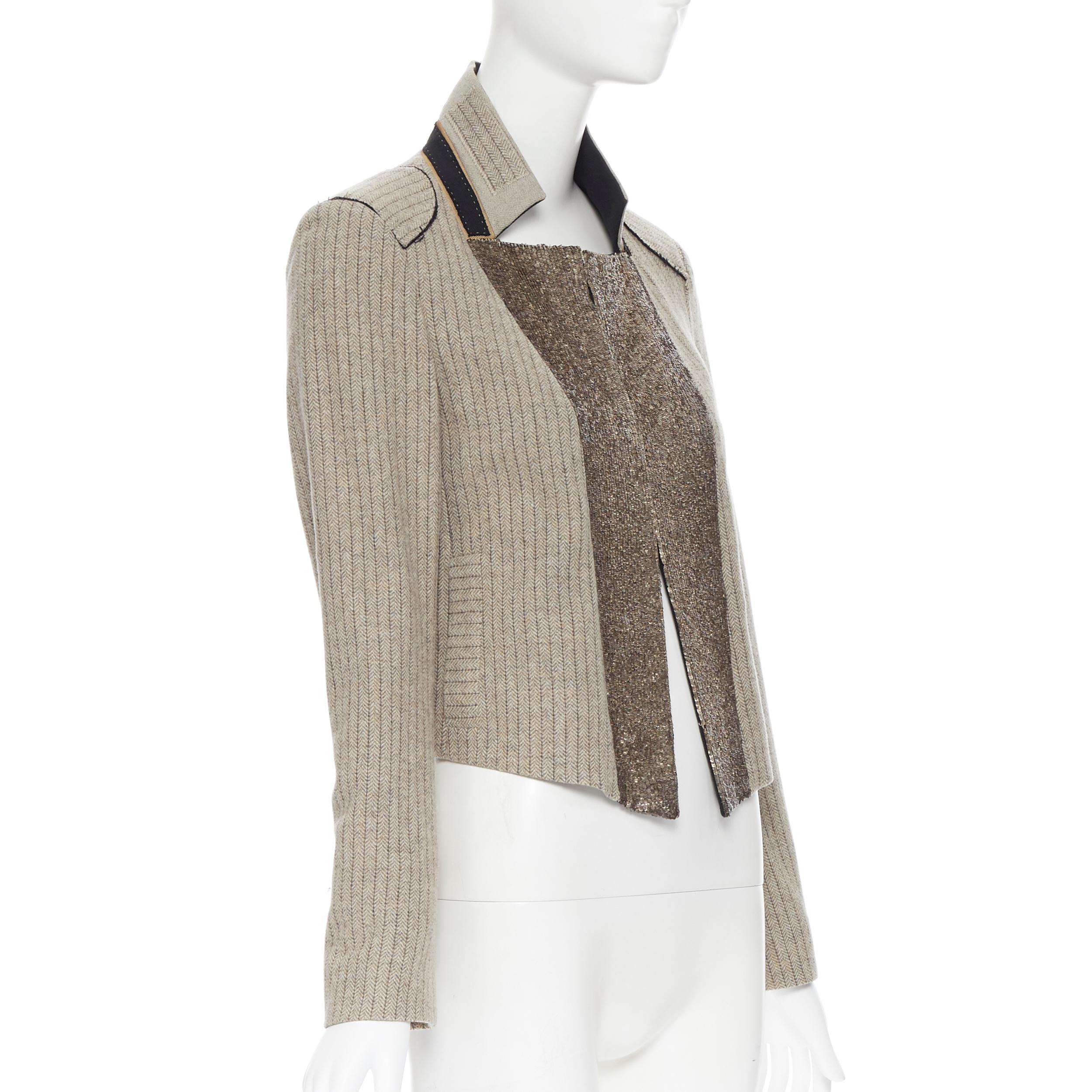 vintage CHLOE grey wool herringbone sequins collar cropped military jacket Fr34 In Excellent Condition In Hong Kong, NT