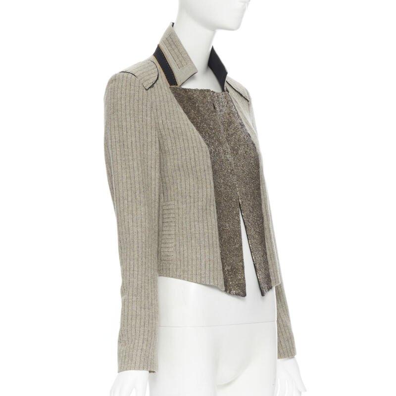 Women's vintage CHLOE grey wool herringbone sequins collar cropped military jacket Fr34