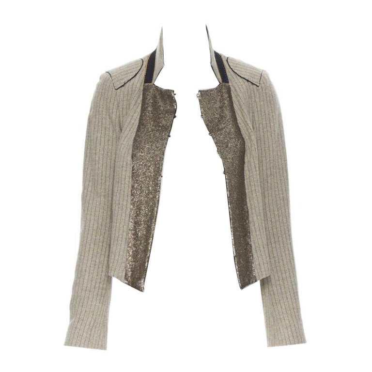 vintage CHLOE grey wool herringbone sequins collar cropped military jacket Fr34