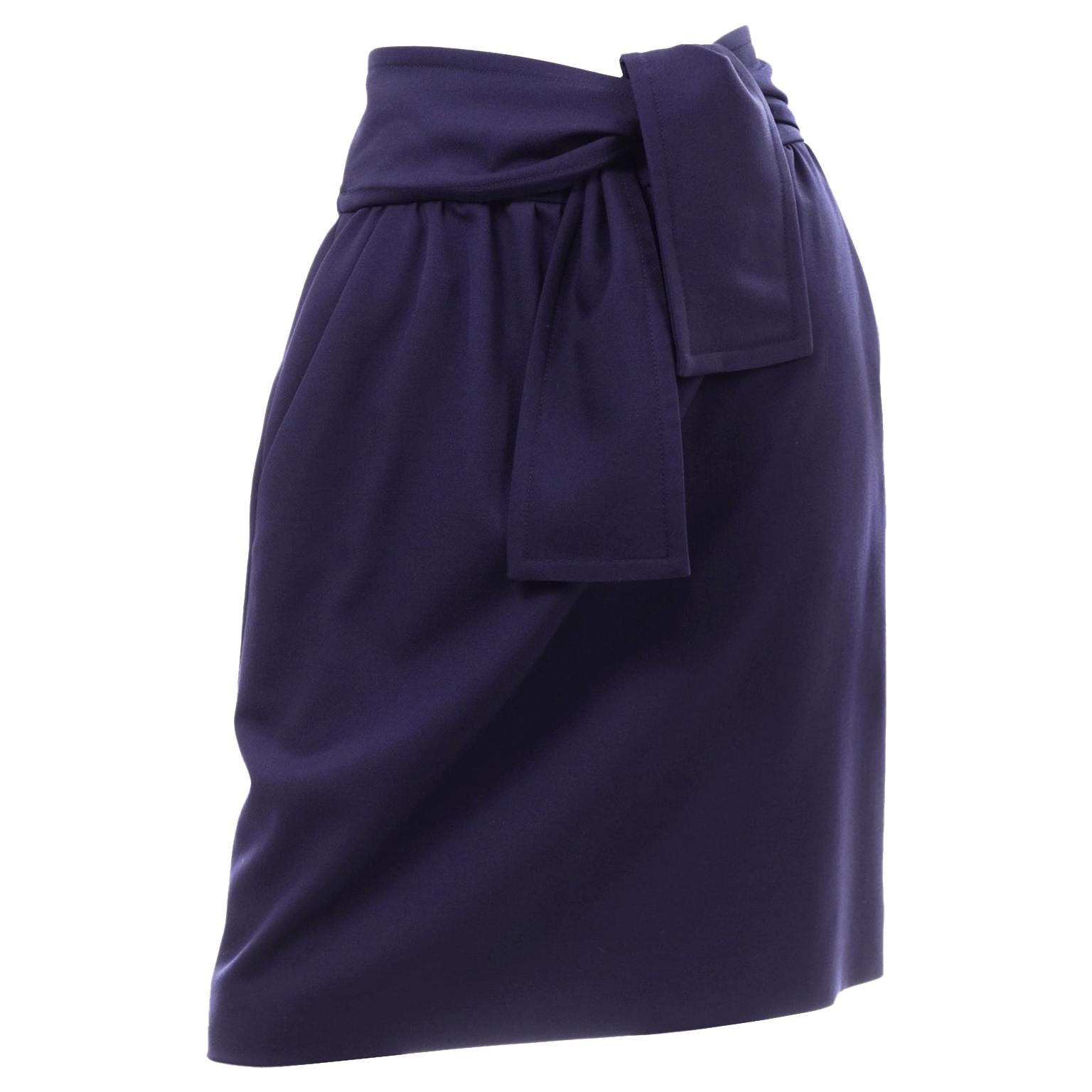 Vintage Chloe Navy Blue Wool Skirt With Sash Belt For Sale