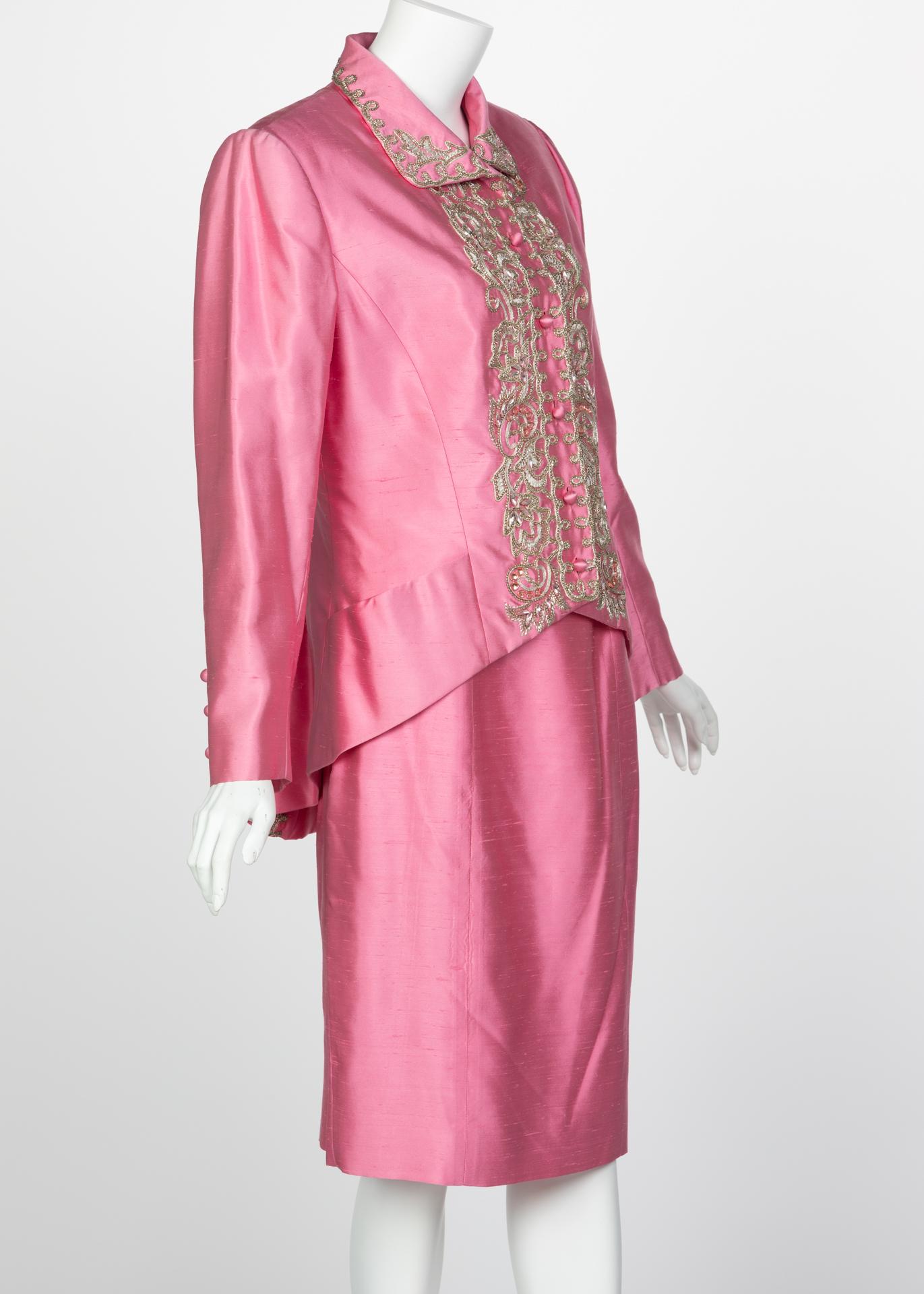Vintage Chloé Pink Silk Shantung Embroidered Beaded Skirt Suit For Sale ...