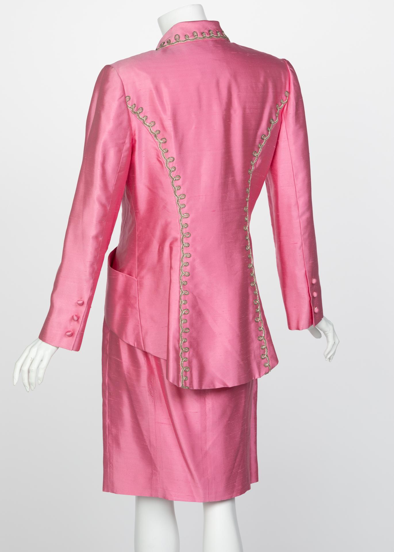 Vintage Chloé Pink Silk Shantung Embroidered Beaded Skirt Suit For Sale 1